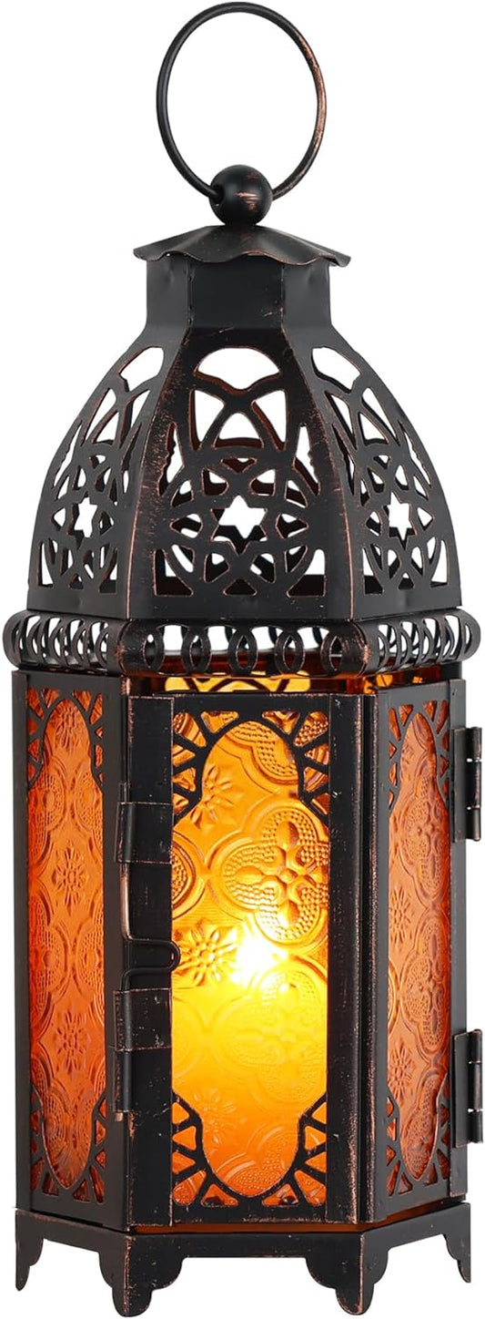 NEEDOMO 11'' Moroccan Lanterns Decorative Indoor & Outdoor, Vintage Christmas Candle Holder, Metal Lanterns Decorative, Table, Patio, Porch, Shelf, Christmas Spring Halloween Home Decor (Amber)