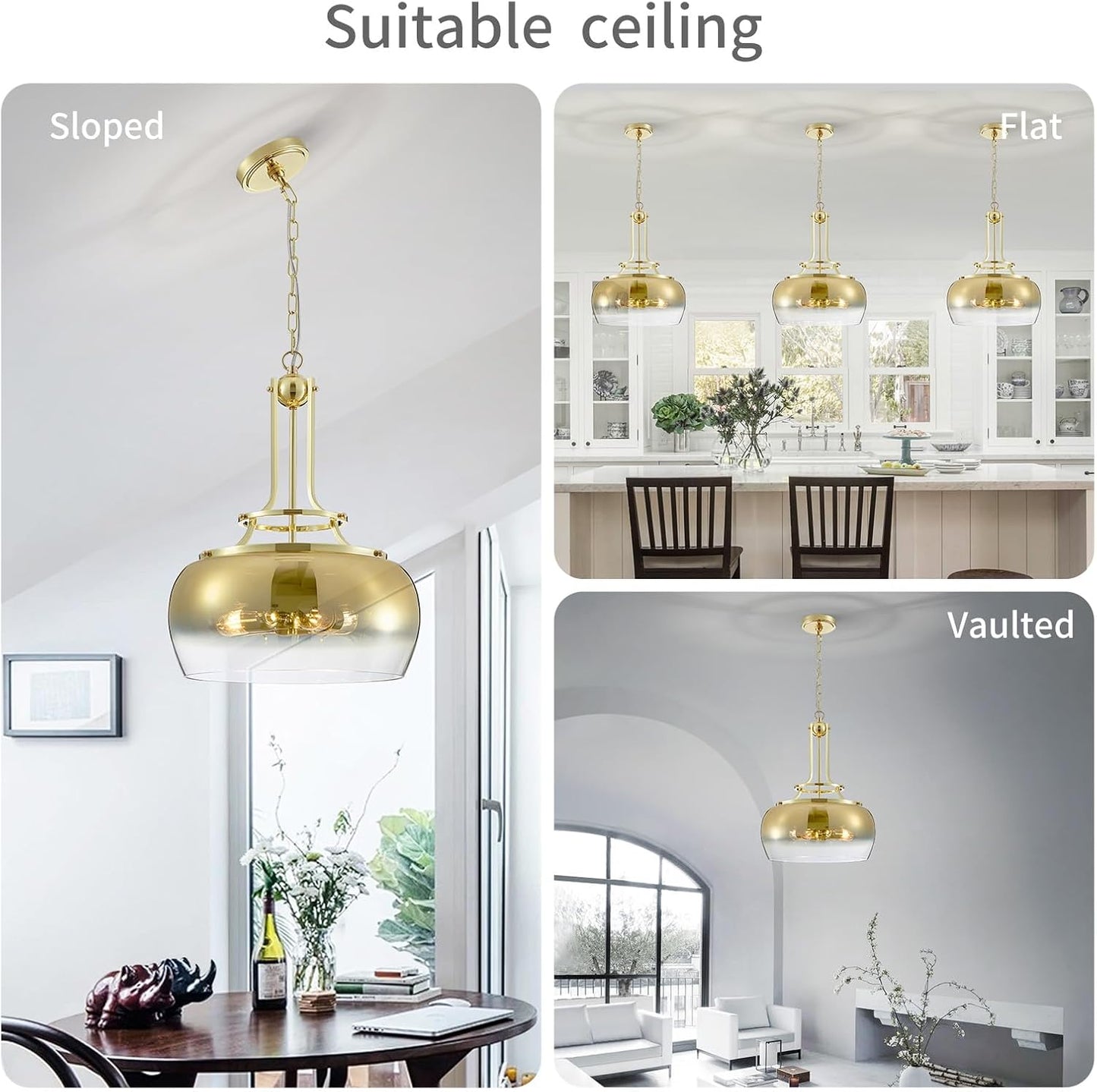 WUZUPS Gold Chandelier Rustic Farmhouse Industrial Round Ceiling Pendant LED Light Fixture with Gradient Glass Shade for Dining Room Kitchen Island Foyer Entryway, H 20.9" W 15.9", E26 Base
