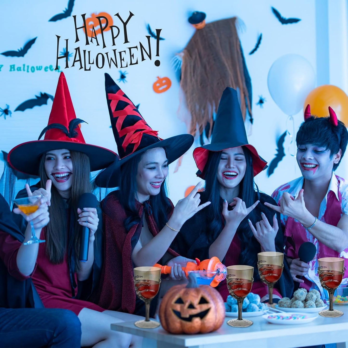 Dandat 24 Pcs Halloween Skeleton Hand Goblets 12oz Clear Plastic Halloween Cups Skull Wine Glass Set for Creepy Spooky Party Decorations (Black)