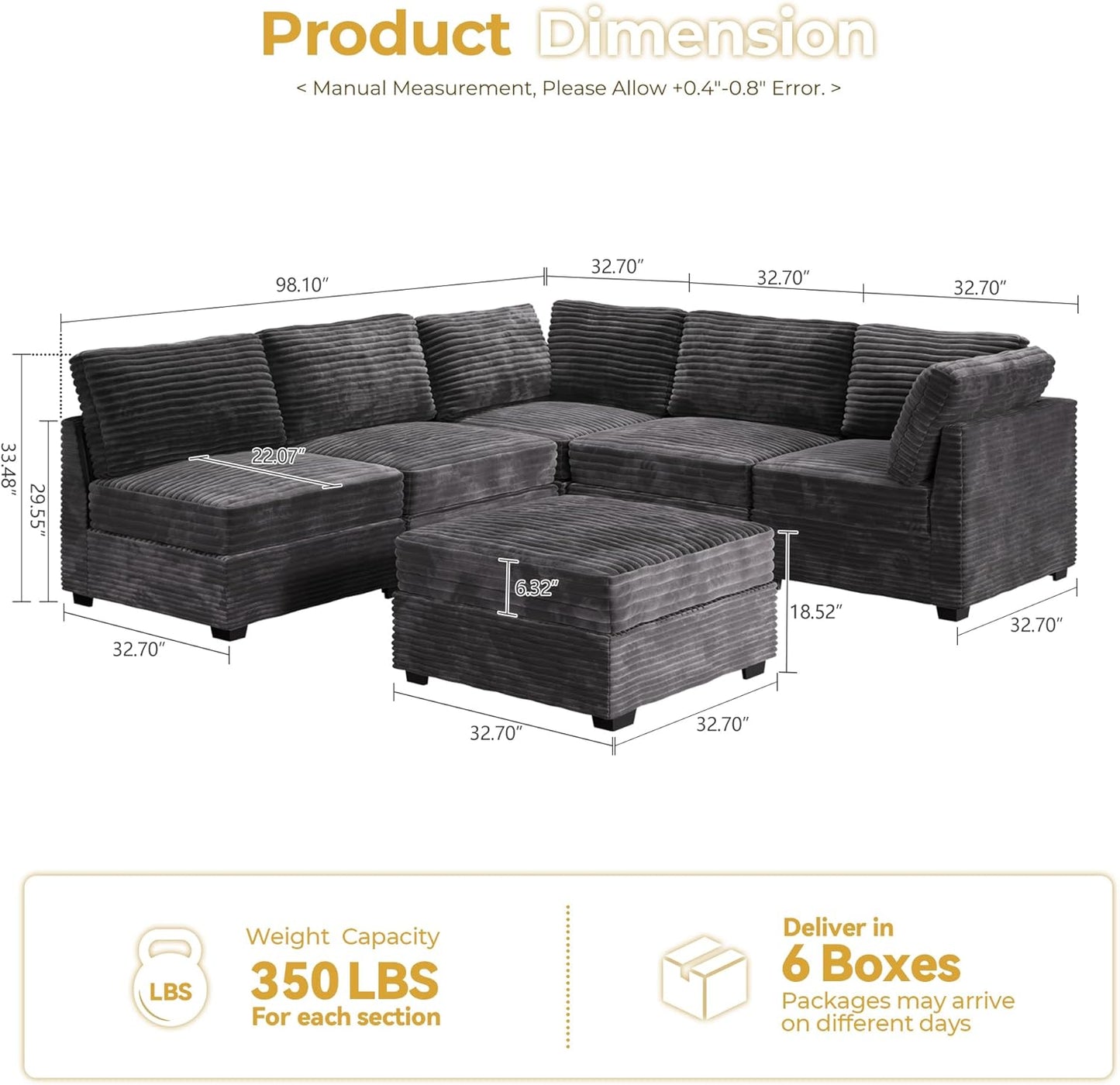 HOOOWOOO Modular Sectional Sofa,6 Pieces Sectional Couches for Living Room,98X98 L Shaped Cloud Couch with Ottoman Chaise Set(Grey Velvet Corduroy)