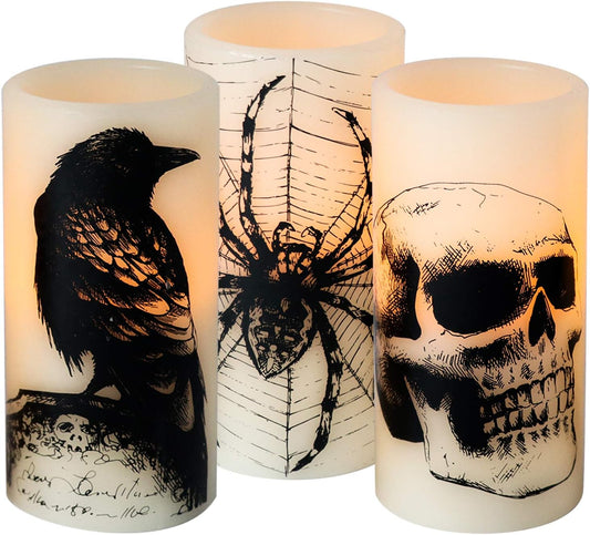 Halloween Flameless Candles with 6H Timer, LED Pillar Candles mit Skull, Spider Web, Crow Raven Decals Set of 3, Battery Operated Real Wax Candles, Halloween Decor Horror Gothic Punk