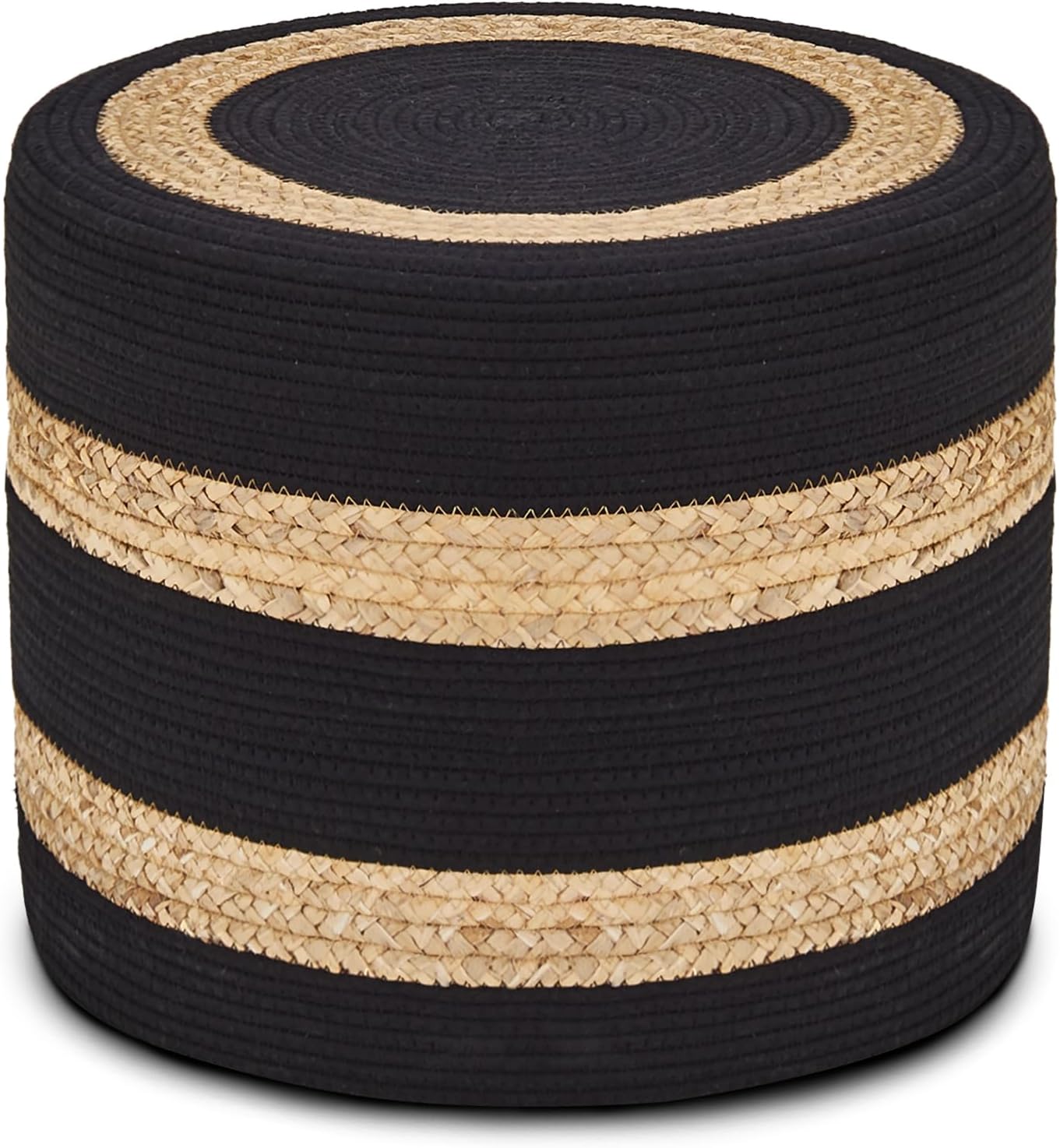 Wimarsbon 18'' Ottoman Pouf, Natural Braided Poof, Rustic Handweave Lounge Pouffe, Boho Footrest Stool for Bedroom, Accent Table or Seat for Living Room (Natural Water Hyacinth + Black Cotton Rope)