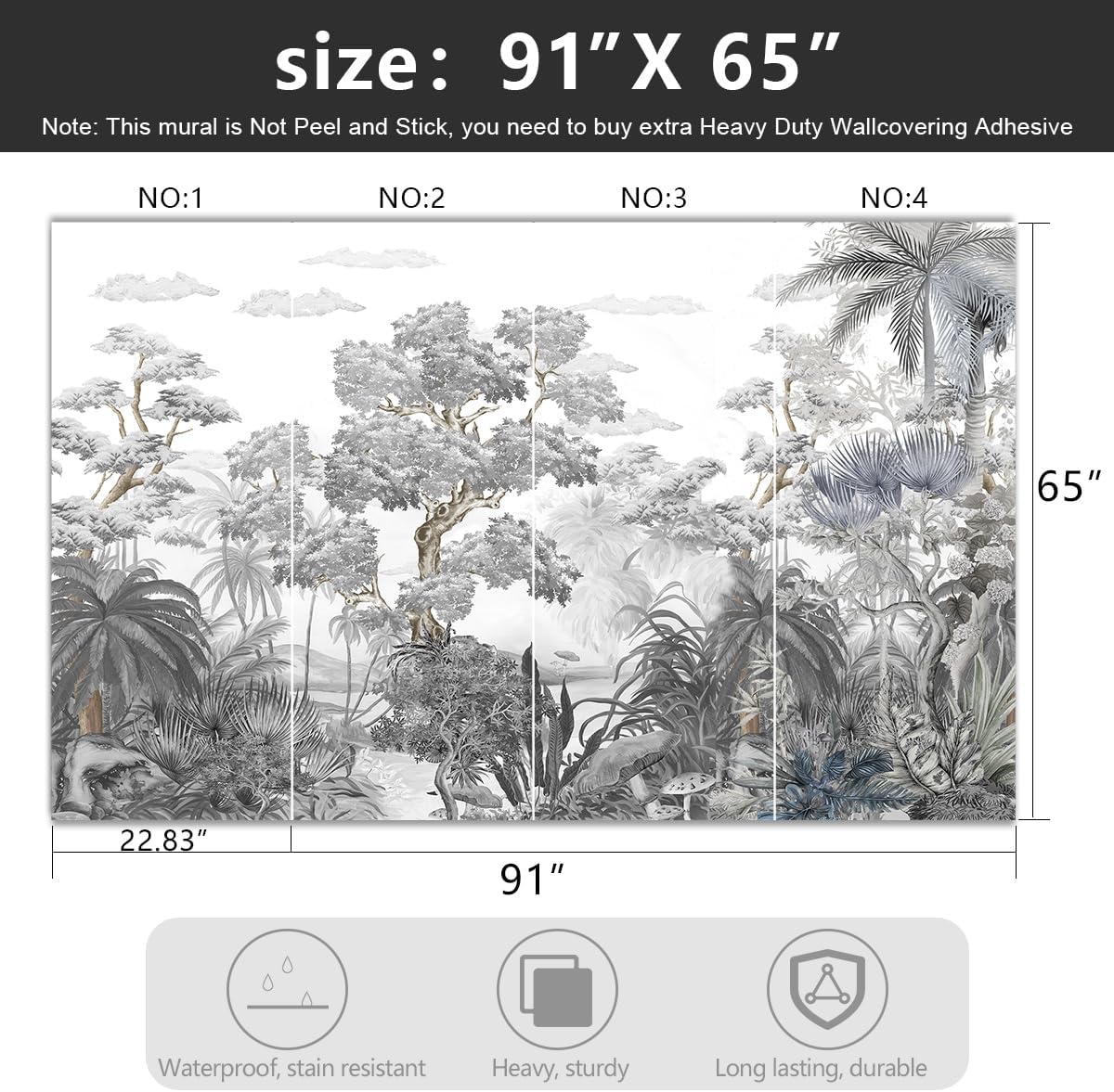 -Tropical Rainforest Botanical Grey Jungle Forest Fabric Wallpaper Living Room Palm Leaf Plant Bedroom Bathroom Wall Mural- 91"x65"（ not Peel and Stick）