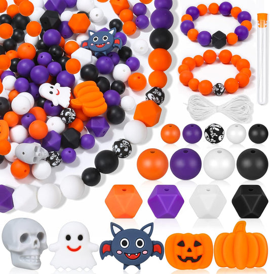 145 PCS Halloween Silicone Beads Kit - Round Loose Beads with Pumpkin Skull, Ghost, Bat & Polygonal Pastel Shapes for DIY Home Decor, Crafts & Jewelry Making