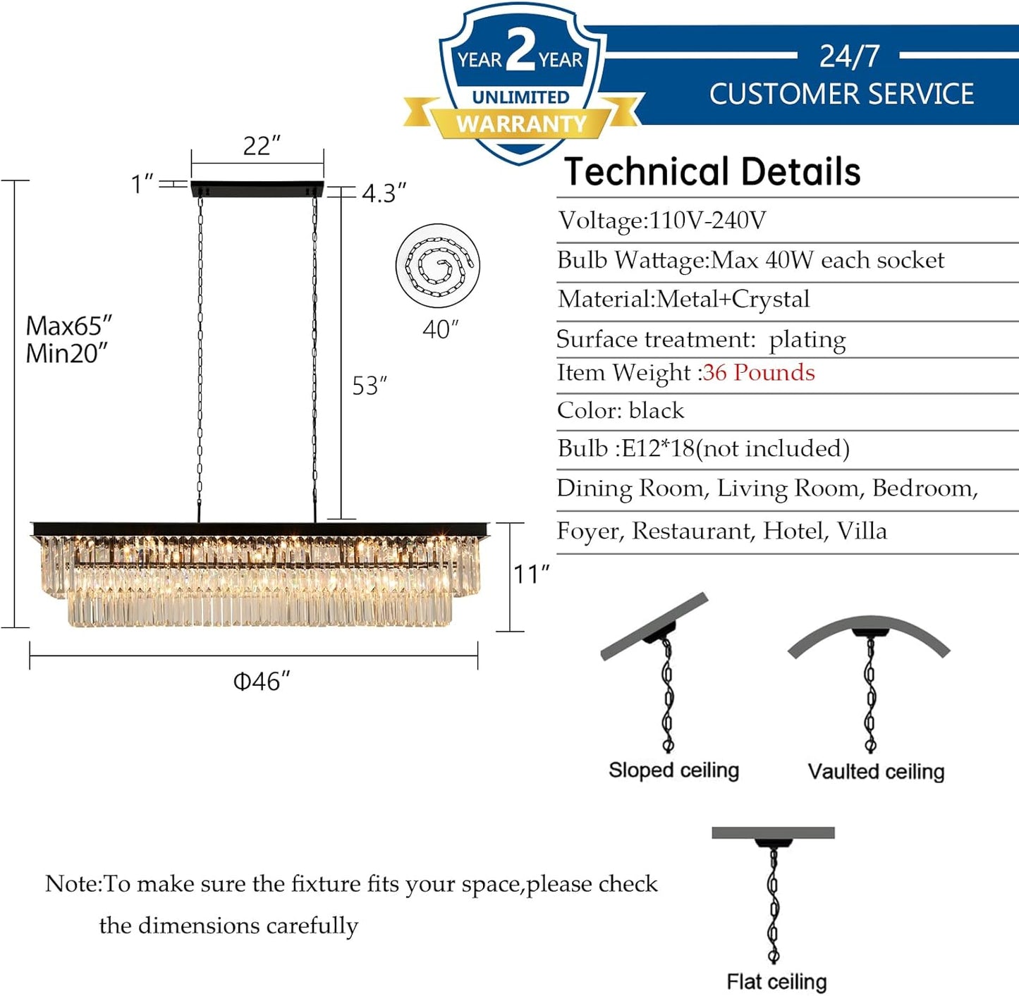 Crystal Chandeliers for Dining Room Light Fixtures Over Table，18-Lights Black Modern Rectangle Chandeliers for Kitchen Island Bar L46 Inch