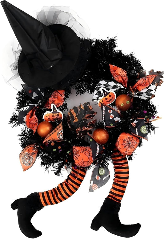 Happy Halloween Wreath for Front Door Decoration with Skeleton Artificial Bone Orange Ornaments Maple Leaf for Party Decor (Halloween Orange)
