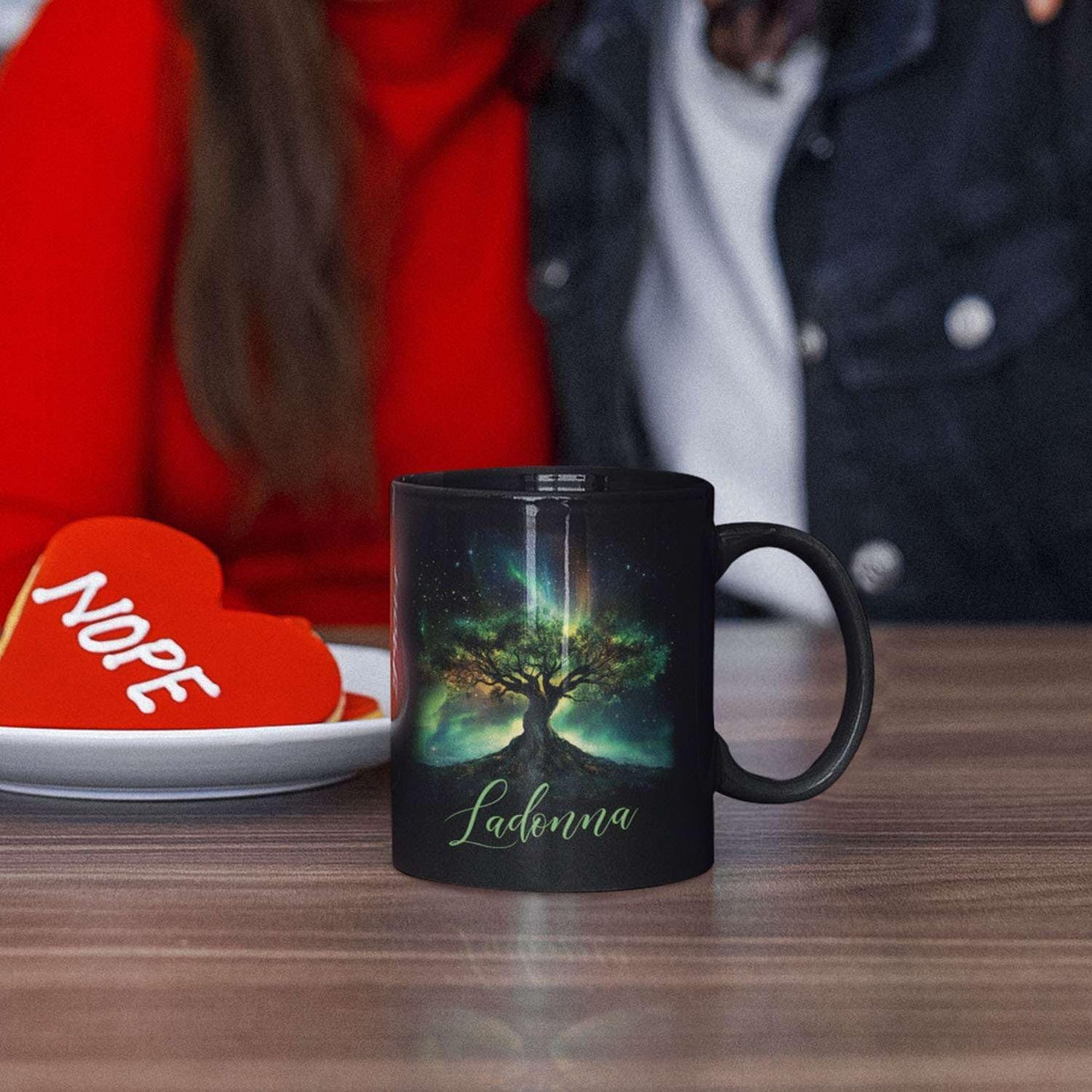 Custom Unique Name Coffee Cup, Customized Mystical Nature Inspired Mug 11oz 15oz, Personalized Enchanted Tree With Northern Lights Ceramic Cup, Nature Black Mug, Gift For Women Men