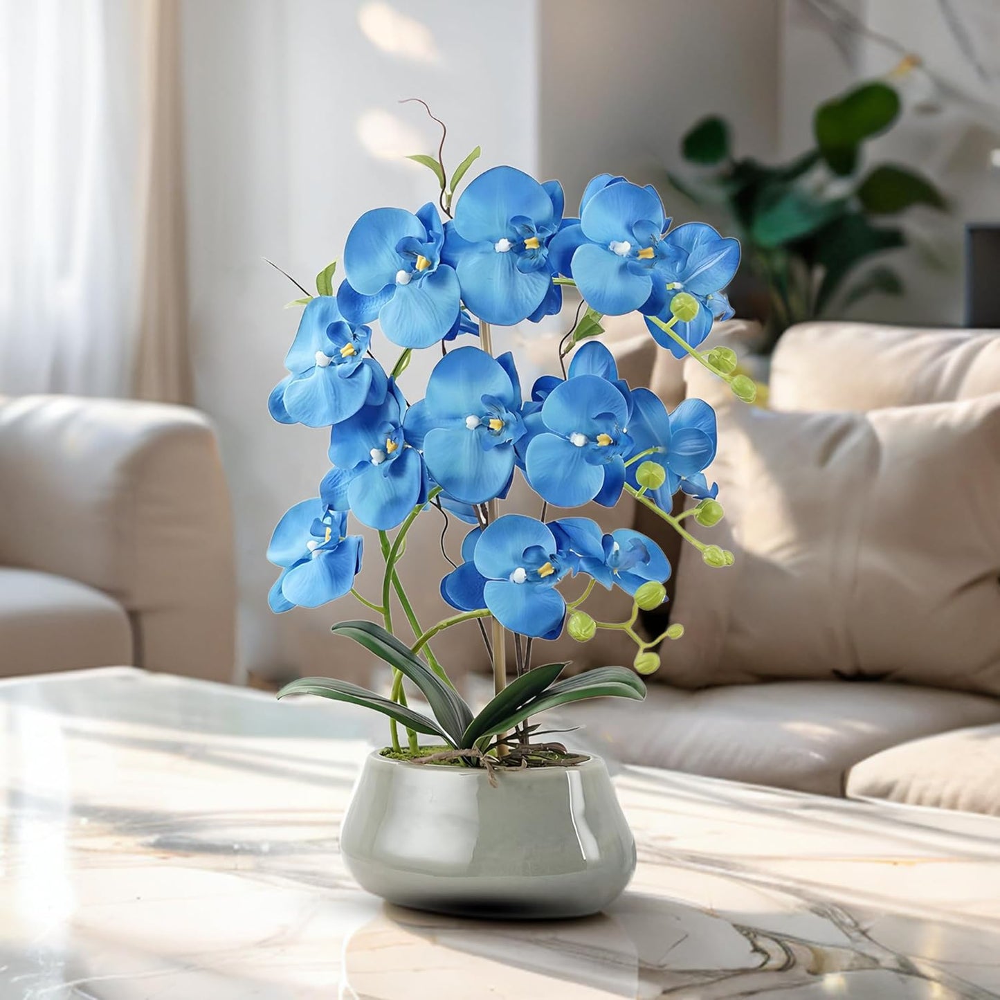 Orchid Artificial Flowers with Gray Vase Large Silk Faux Phalaenopsis Flowers for Dining Room Table Floral Centerpieces Indoor Decoration,Blue