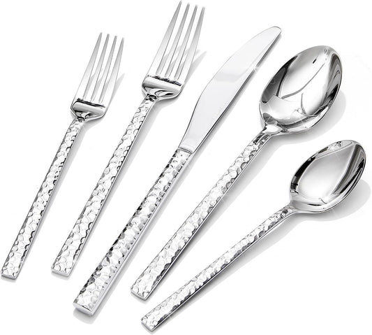 KINGSTONE 60 Piece Hammered Silverware Set, 18/10 Stainless Steel Flatware Set for 12, Cutlery Set for Home, Party, Wedding, Mirror Polished Dishwasher Safe