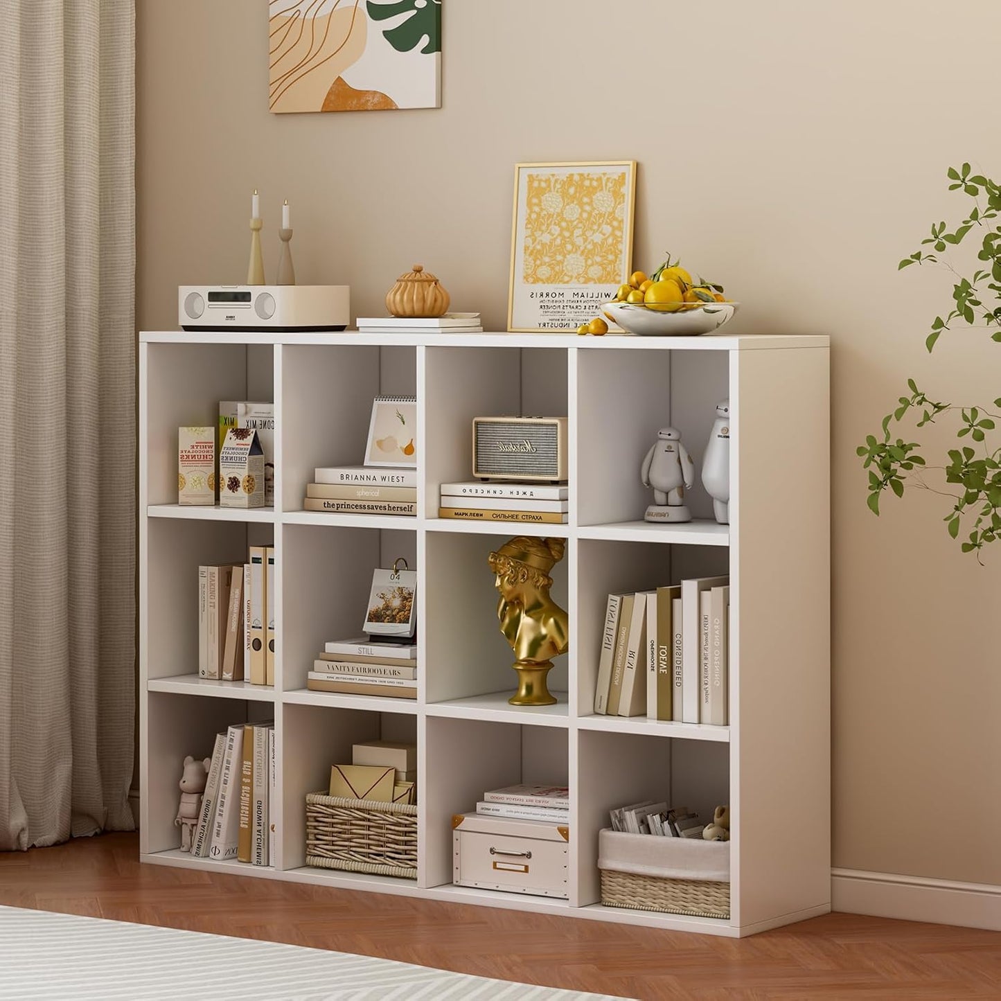 12-Cube Storage Shelf Bookcase - Wooden 3-Tier Floor Standing Open Bookshelf for Home and Office, Display Cabinet, Warm White