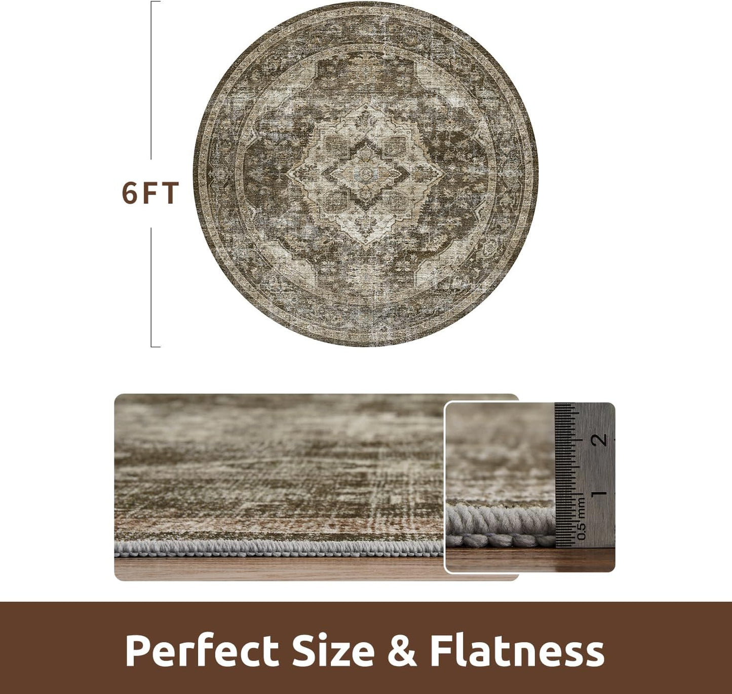 AMOAMI 6FT Round Rug - Vintage Soft Coffee & Brown Rugs for Living Room, Bedroom, Dining Room, Office - Non Slip, Machine Washable