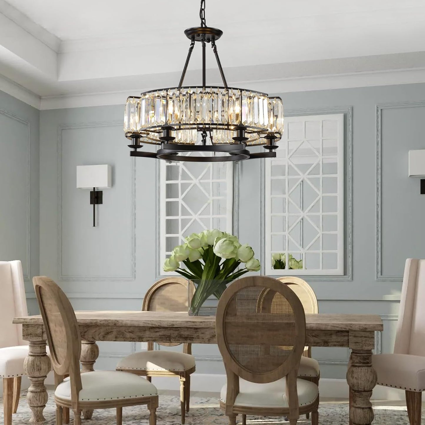 Vintage Crystal Chandelier Black 6 Lights Hanging Ceiling Light Fixture Iron Frame Pendant Lighting for Farmhouse Decoration Dining Table Living Room