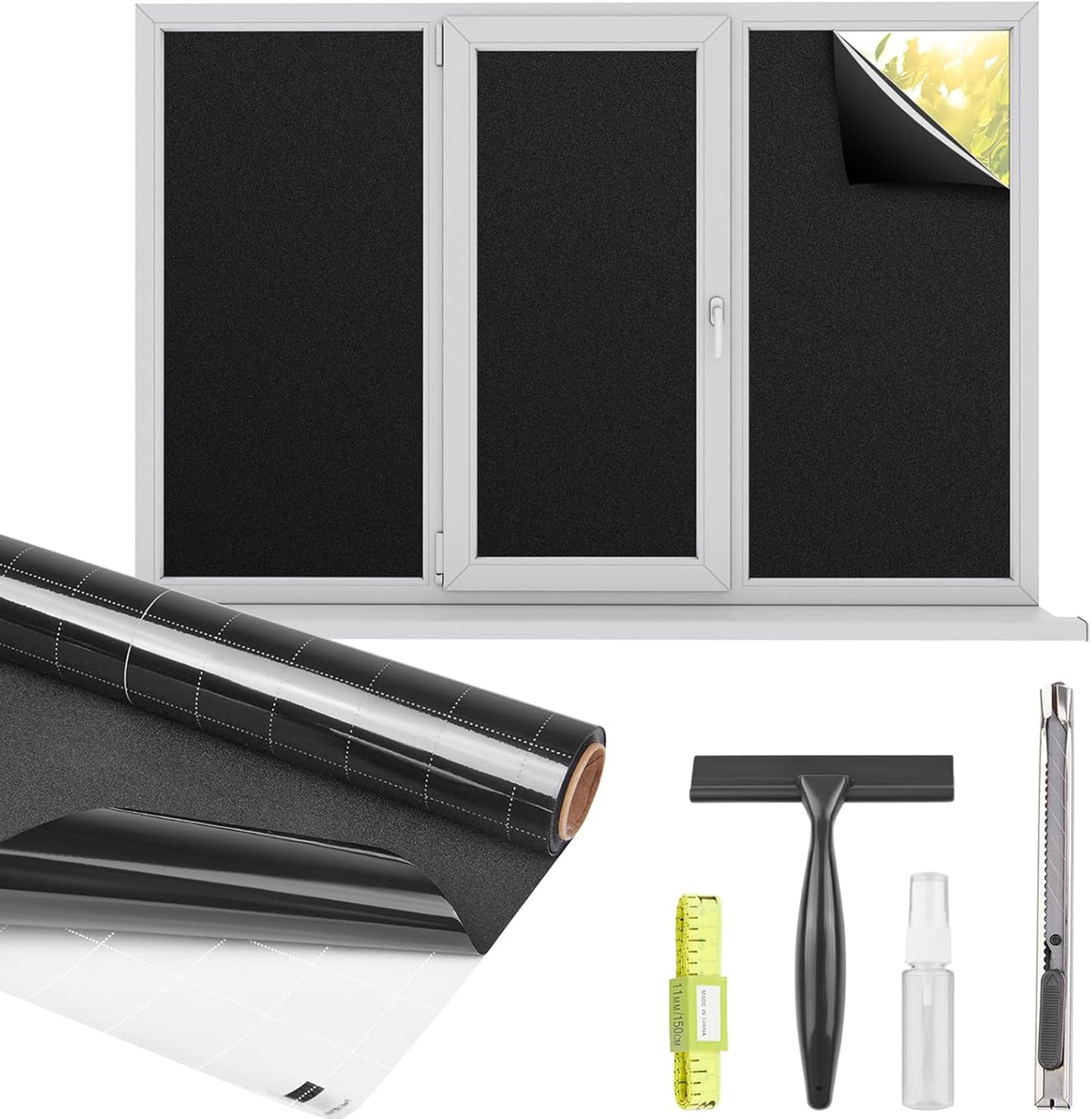 Kromapolis Blackout Window Privacy Film Total Light Blocking Room Darkening Window Covering, Removable Static Cling Frosted Glass Tint, Non-Adhesive, Black 35.4'' x 118.1''