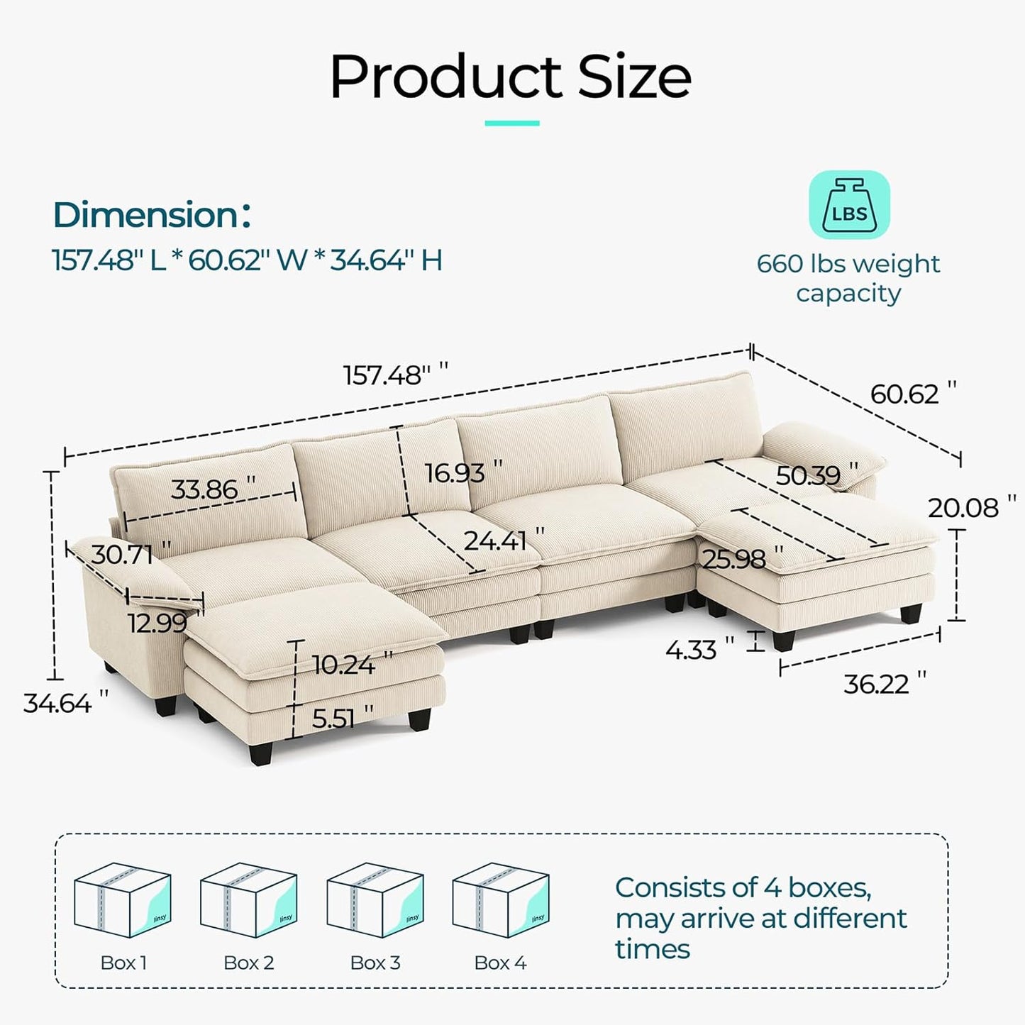 LINSY HOME Modular Sectional Sofa - 157'' Comfy Corduroy Cloud Sofa Oversized U Shaped Couch with Movable Ottoman, Soft Modern Sofa for Living Room Apartment, Beige