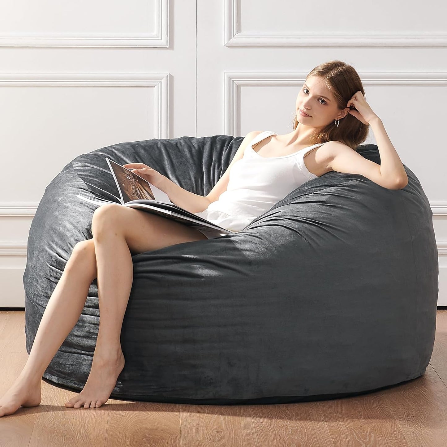 3 Feet Bean Bag Chair - BeanBag Chairs for Adults, Living Room Furniture Sofa with Soft Micro Fiber Cover, Round Fluffy Couch for Bedroom College Dorm - Grey