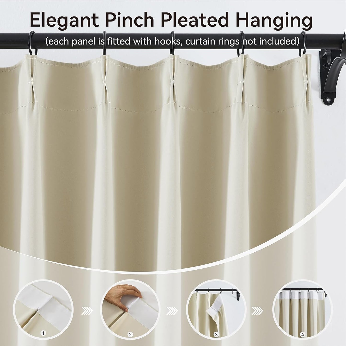 KangBang Soft Cream 95 Inch Blackout Curtains 2 Panels Set, Extra Wide Pinch Pleated Room Darkening Elegant Privacy Curtains & Drapes for Sliding Patio Door with Hooks Track System,60x95 Inch