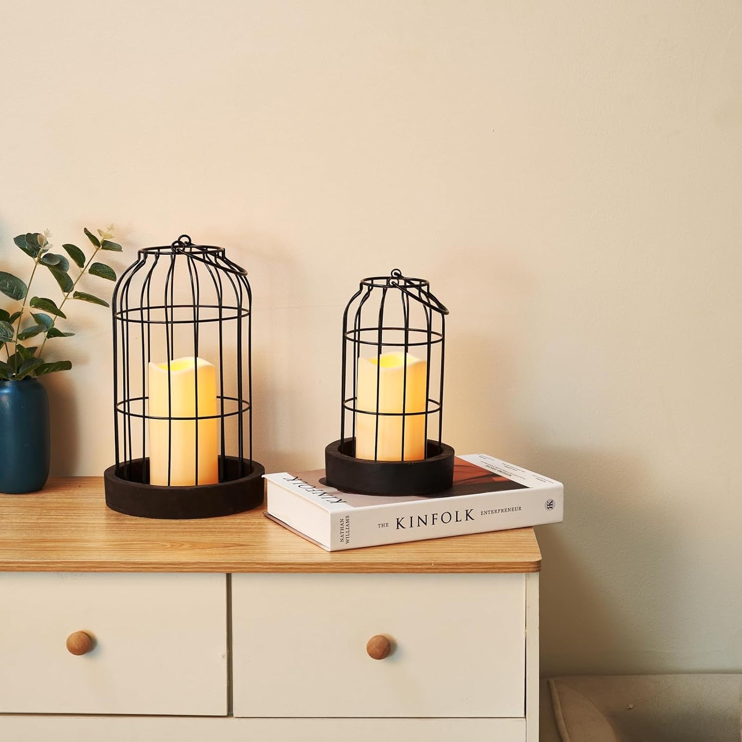 PHOSPHOR Home Decor Candle Lanterns, Set of 2 Rustic Cage Candle Holder, Tian Yuan Nong she，for Living Room, Fireplace Mantle, Dining Table Centerpieces Home Kitchen Decor