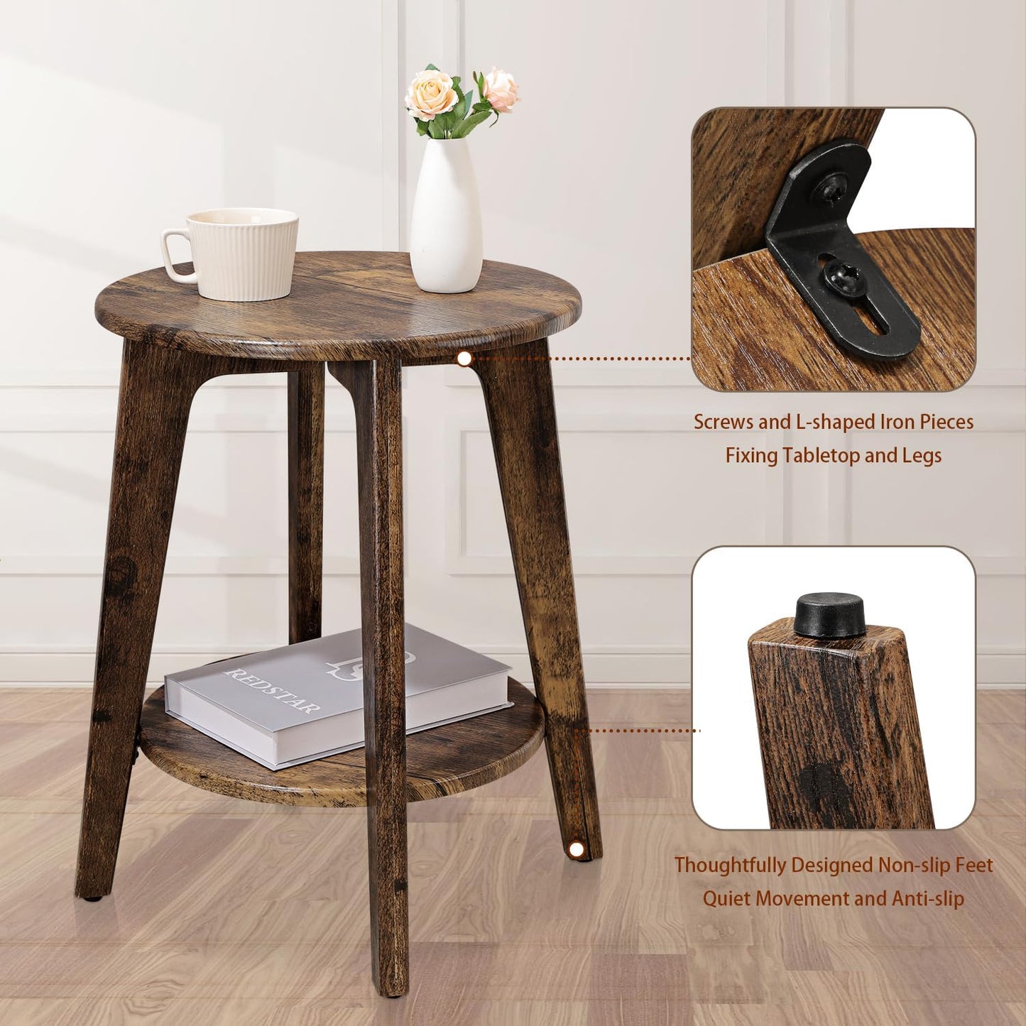 Small Round Side Table Wooden End Table with Lower Shelf Modern Nightstand Bedside Table for Small Spaces, Living Room, Bedroom Retro Brown