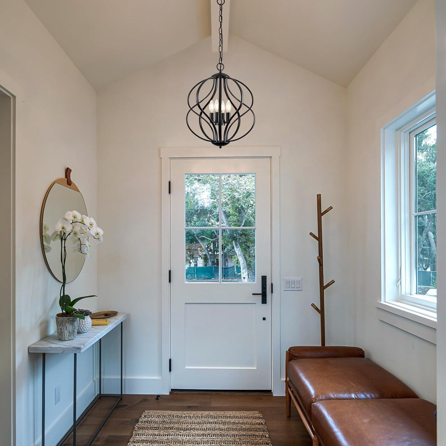 Modern Black Chandelier for Dining Room, 4 Lights Geometric Chandeliers, Sphere Chandelier Industrial Large Pendant Light Fixtures Hanging for Kitchen, Entryway, Foyer, Stairs