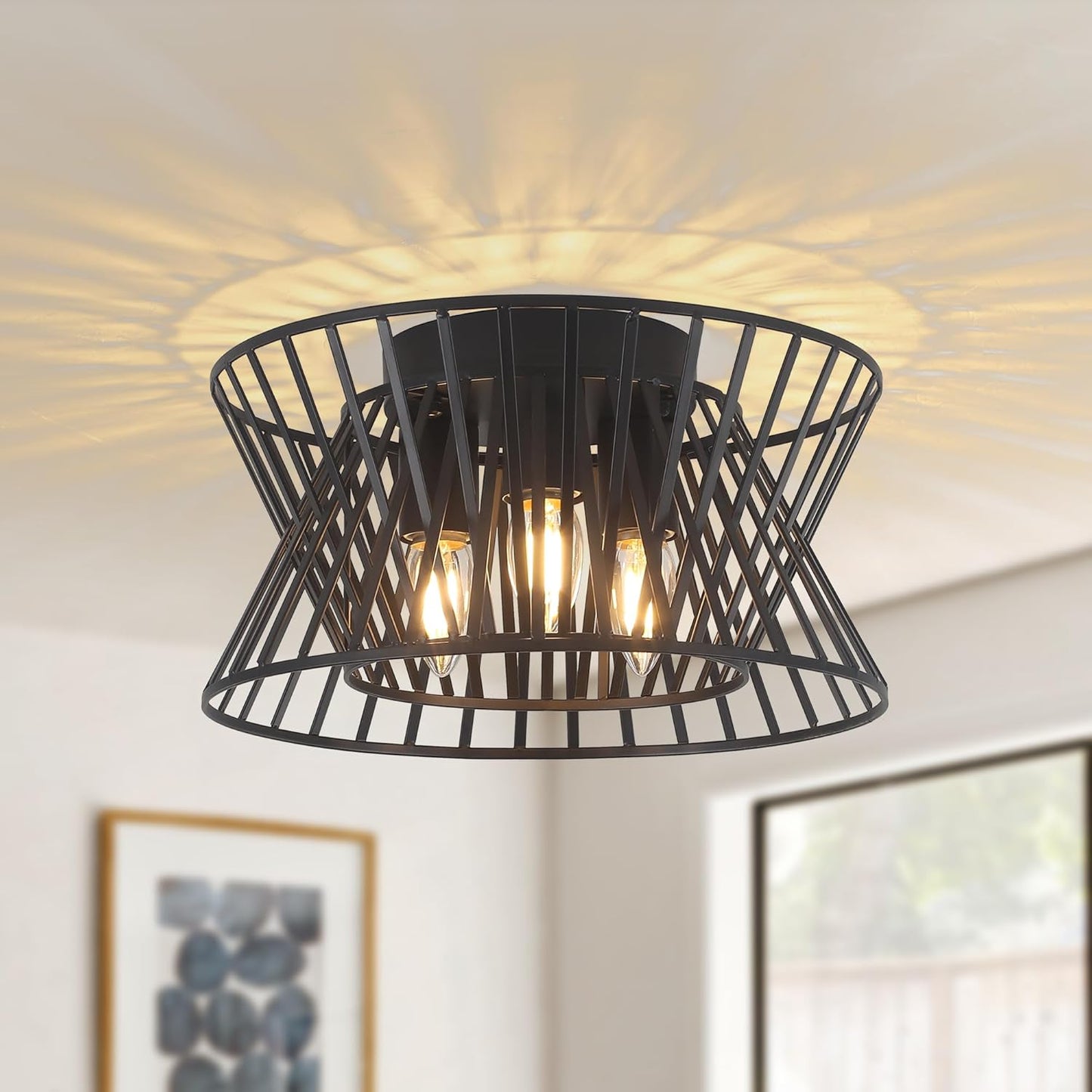 3-Lights Black Ceiling Light Vintage Geometric Chandelier Light Fixture Adjustable Metal Semi Flush Mount Lighting for Kitchen Room Dining Room Foyer