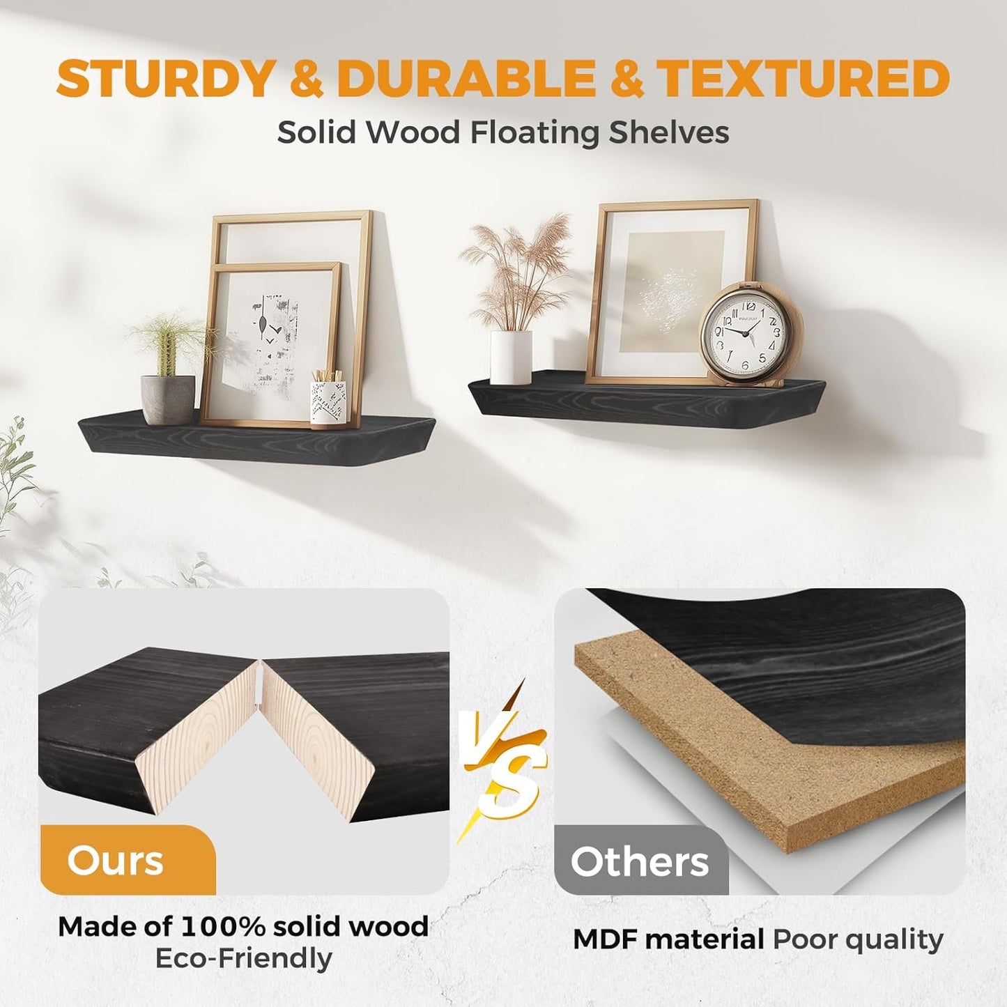 16"x6.8"x1.6" Slanted Floating Wall Shelves 2-Pack - Rustic Black Finish, Heavy-Duty Solid Wood Design with Hidden Brackets - Perfect for Living Room, Kitchen, Bathroom, or Office