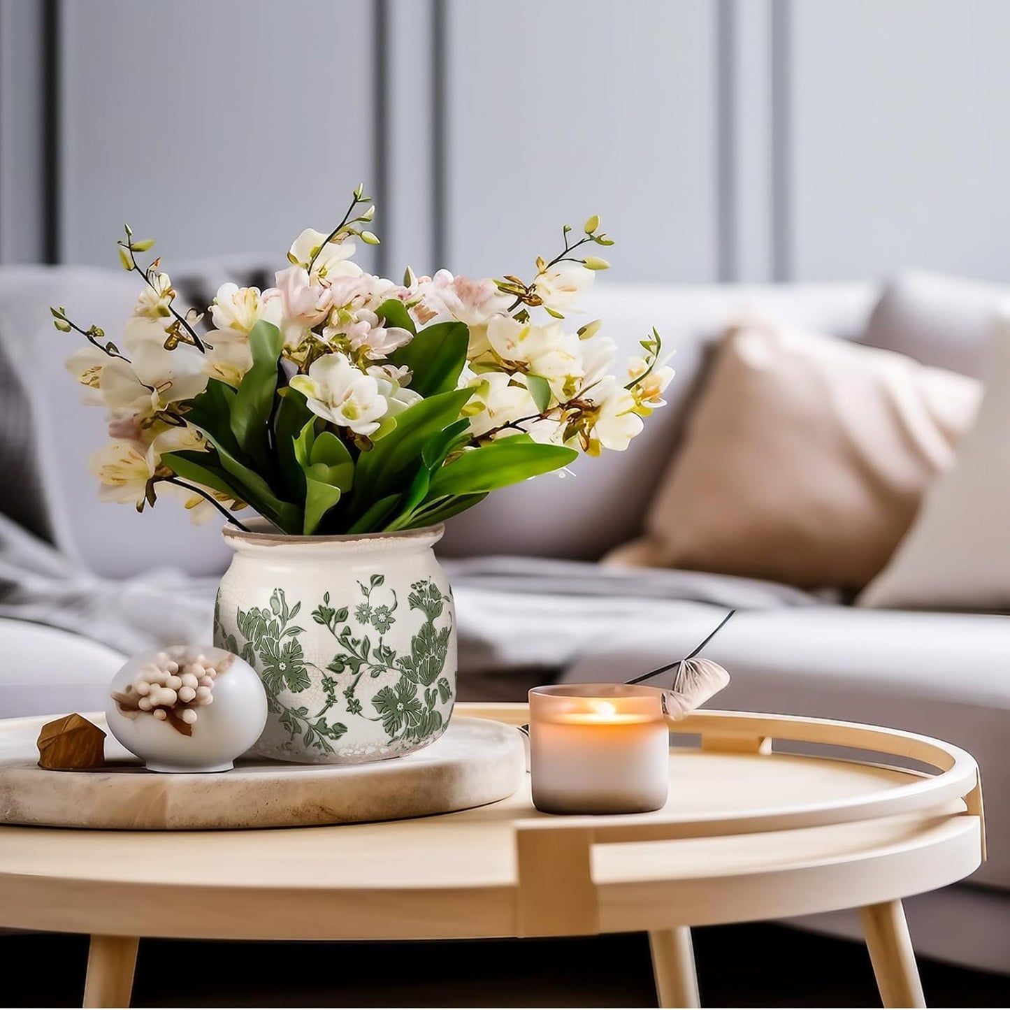 2 Pcs Vintage Planter Large Ceramic Plants Pot Beige Green Vintage Floral Ice Crack Cottage Scroll Vase Flower Vase Pot Indoor Plants Home Kitchen Decor Farmhouse Antique Decorative Gifts