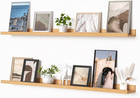 Heimlove Picture Ledge Shelf, Floating Shelves Set of 2, 48 Inches Picture Shelf for Wall with Ledge, Kids Bookshelf Wall Mounted for Living Room Bedroom Decor Books Photo Frames, Natural Oak