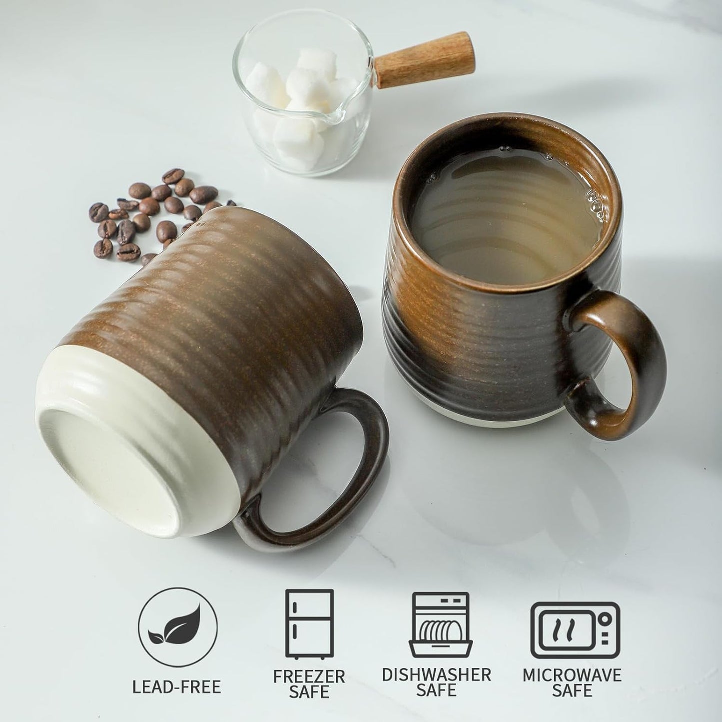 Hasense Coffee Cups Set of 6, 15 oz Stoneware Coffee Mugs with Big Handles, Modern Tea Cup for Indoor and Outdoor for Cocoa, Milk, Tea, Hot Chocolate, Soup, Valentine's Day Gifts, Brown