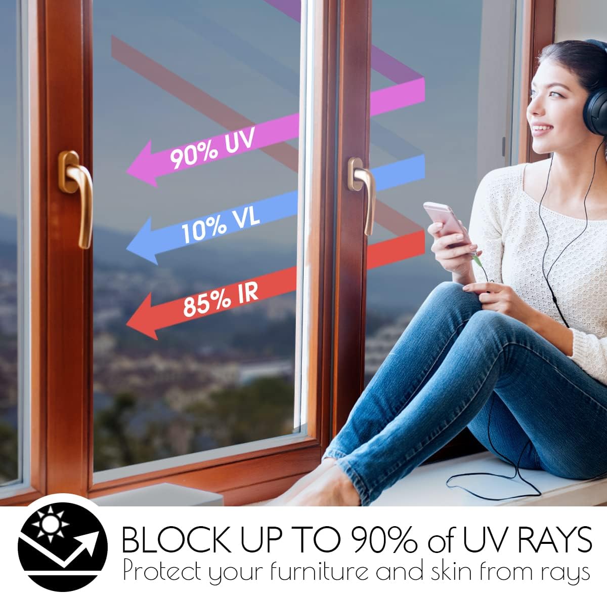 HIDBEA One Way Privacy Window Film, Daytime Mirror Reflective Heat Control UV Sun Blocking Non-Adhesive Static Cling Window Tint for Home and Office(Black-Silver, 55.1 Inch x 6.5 Feet)