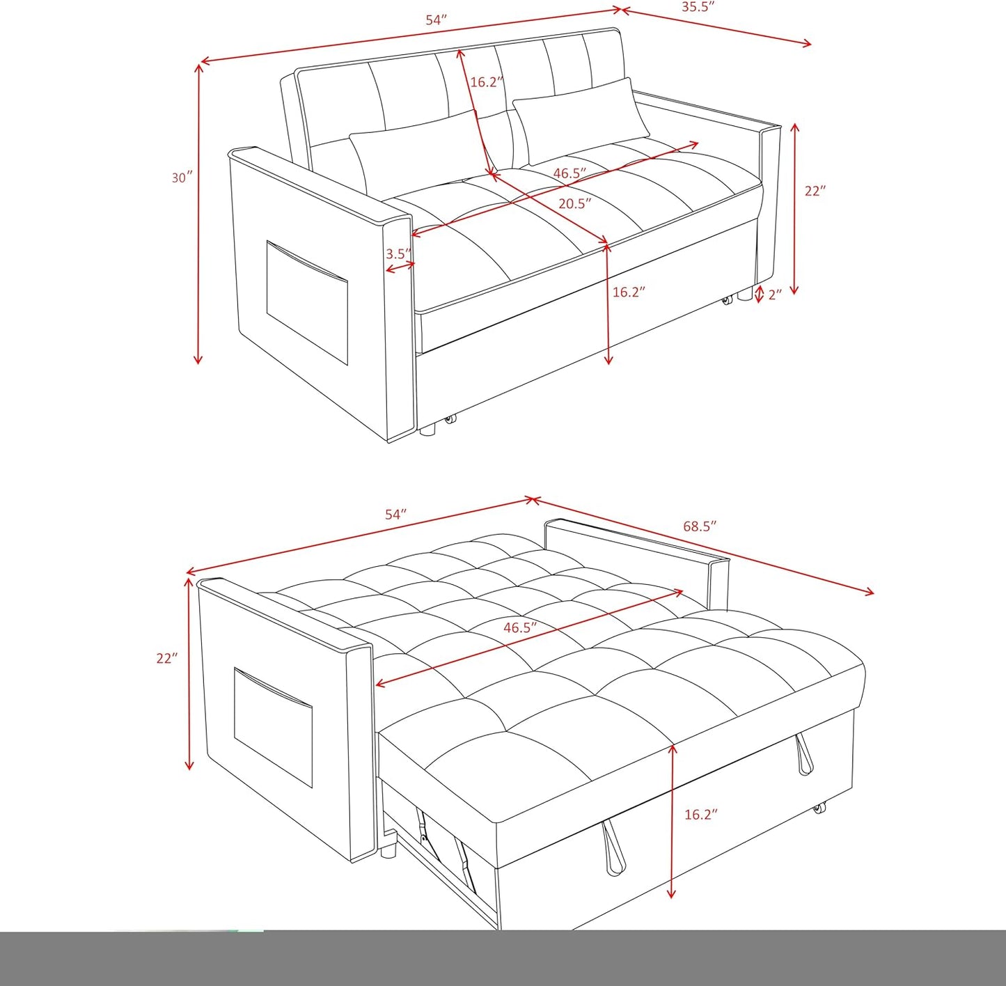 3 in 1 Sleeper Sofa Bed, Futon Sofa Bed for Living Room with Side Pocket, Black Sleepers Sofas Couch with Pullout Beds, Convertible Love Seat Sleepers Couch for Living Room, Bedroom,