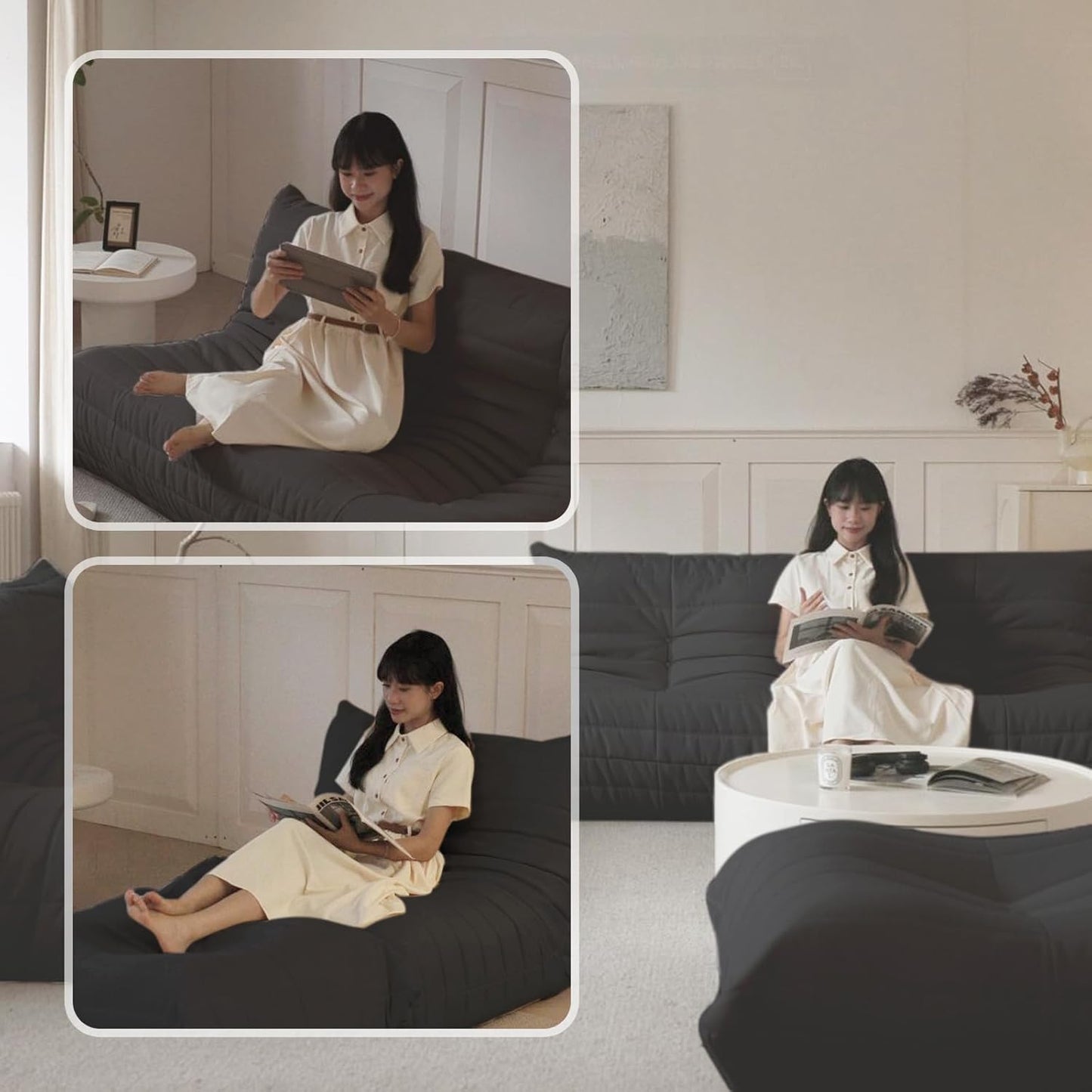 Luxury Ottomans, Modern Square Foot Rest for Sofa Couch Chair, Lazy Floor Seating, Fireside Bean Bag Chair, Tatami Sofa Lounger for Living Room, Bedroom, Office, Black