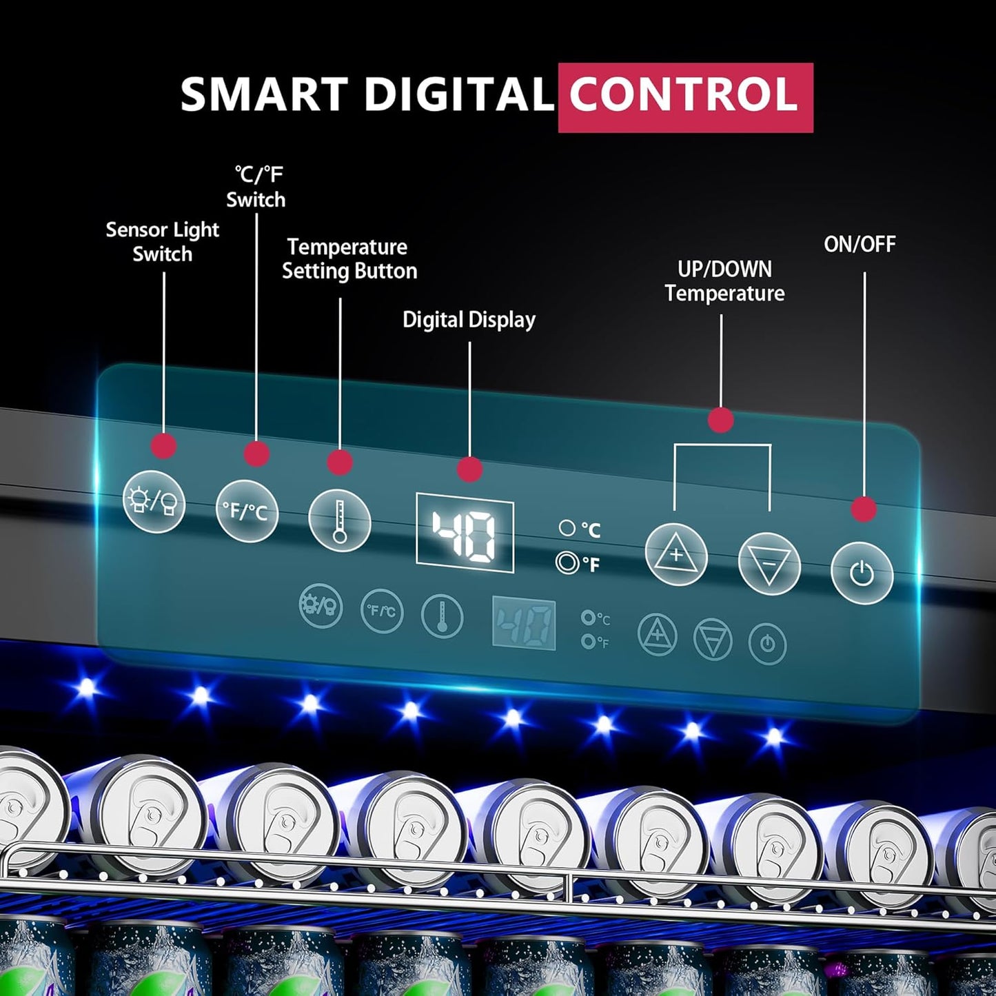 24 Inch Beverage Refrigerator, Beverage Cooler 180 Can Built-in Design, Under Counter Beer Fridge with Glass Door for Soda, Wine, Water - For Kitchen, Office or Bar