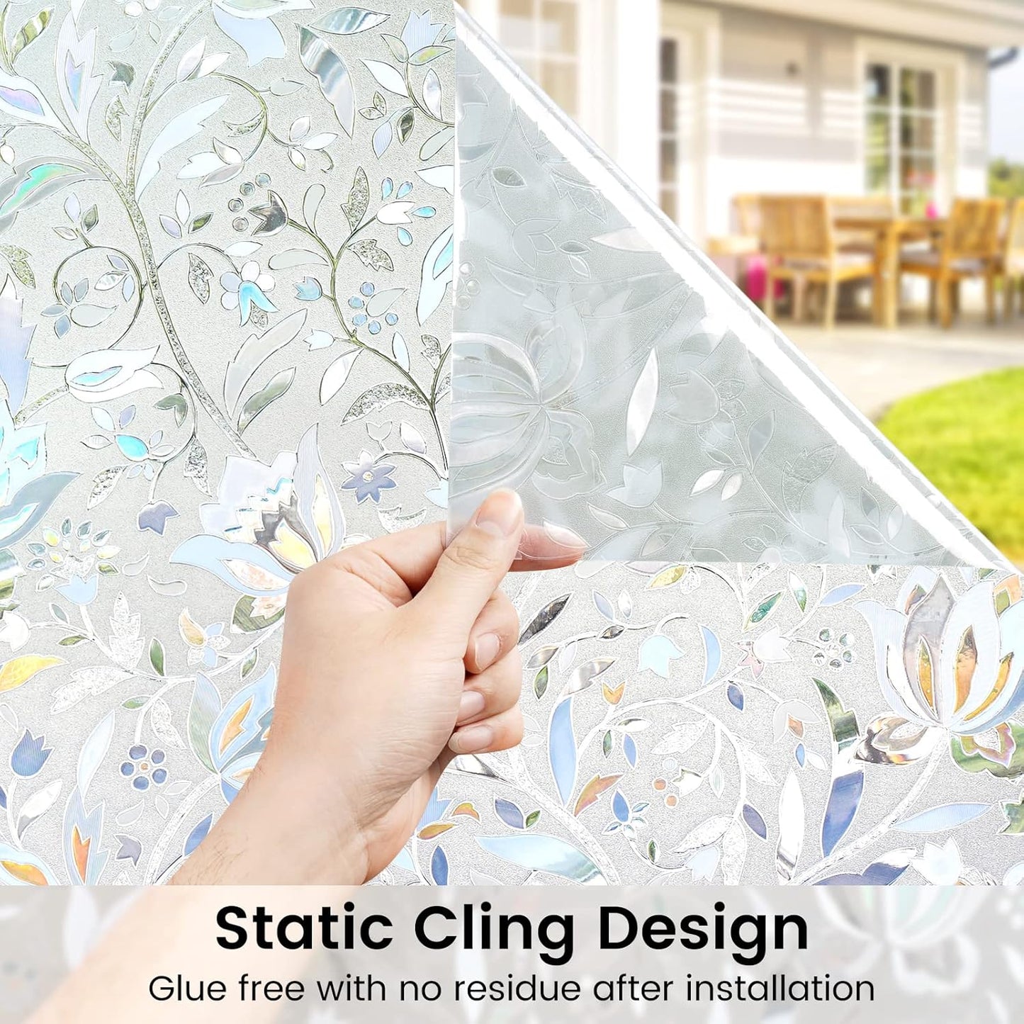 DOWELL Window Privacy Film, 3D Stained Glass Rainbow Films, Decorative Window Vinyl Sun Blocker Door Covering, Static Cling Non-Adhesive Glass Sticker for Home, Blooming Flowers, 23.6"x157.4"