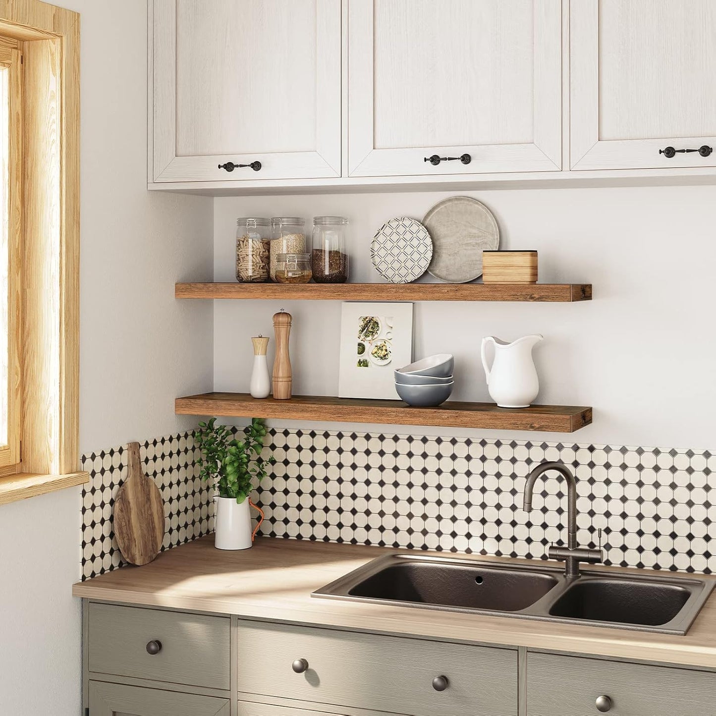 HOOBRO Floating Shelves for Wall, Wall Mounted Shelf Set of 2, 39.4" Hanging Shelf with Invisible Brackets, for Wall Bathroom, Bedroom, Toilet, Kitchen, Livingroom, Office, Rustic Brown BF100BJP201G2