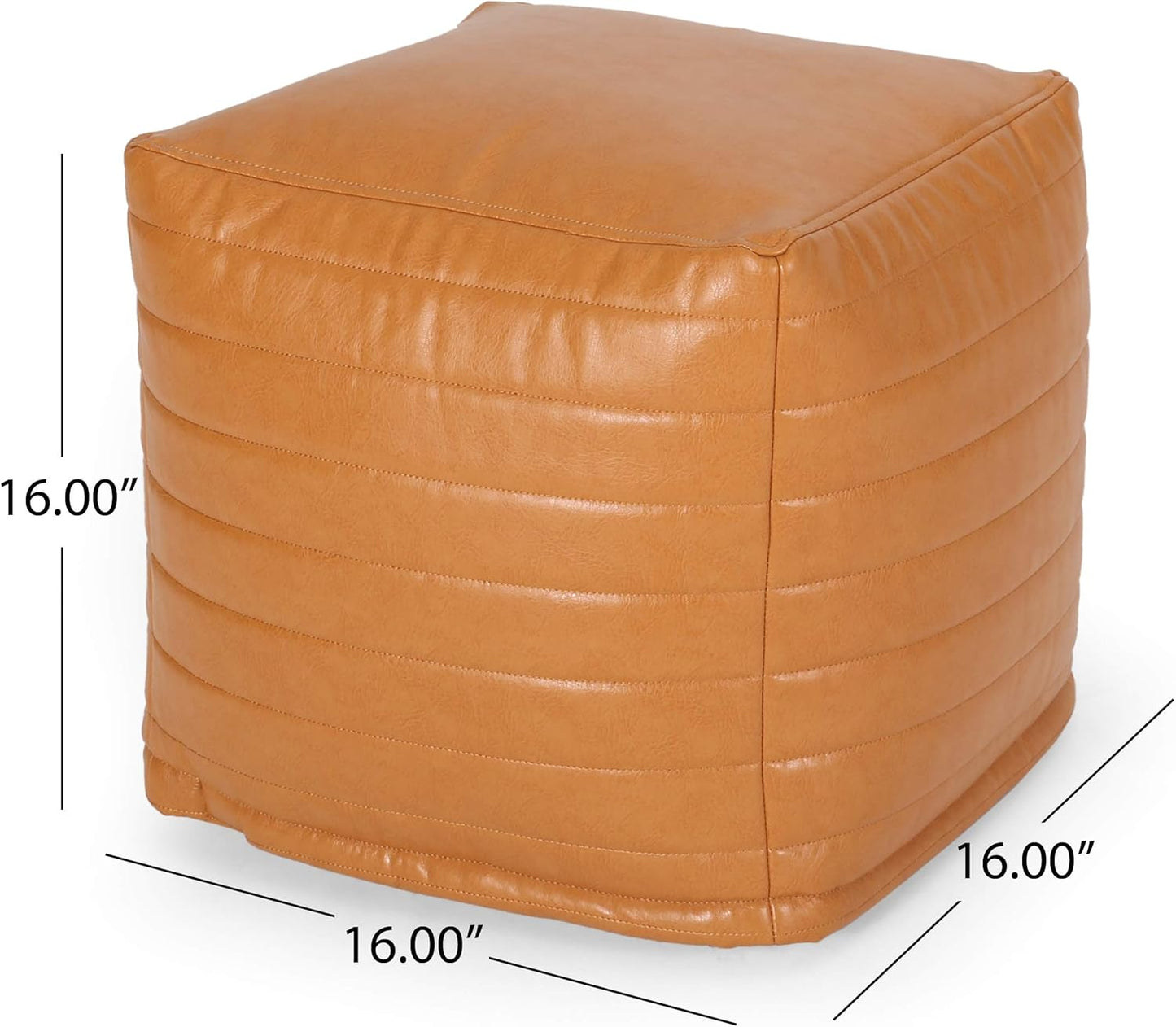 GDFStudio Contemporary Faux Leather Channel Stitch Pouf Ottoman Foot Stool - Bean Bag Floor Chair - Foot Rest Couch for Living Room Bedroom,Caramel Cube,16"" x 16"" x 16"", Conrai,caramel, 314802N