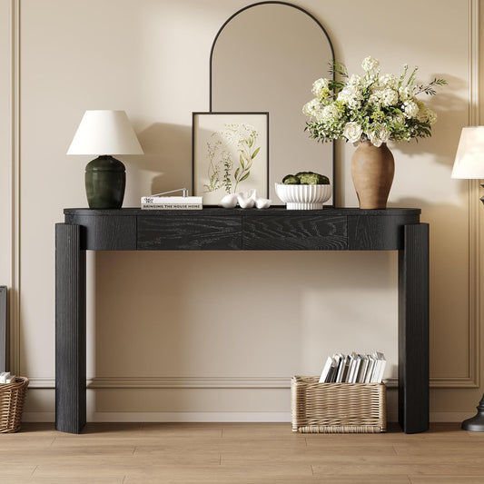 55" Sofa Table with Oval Top and 2 Drawers, Entryway Console Table with Fluted Design for Hallway,Foyer,Entry and Living Room (Fully Assembled-Black)