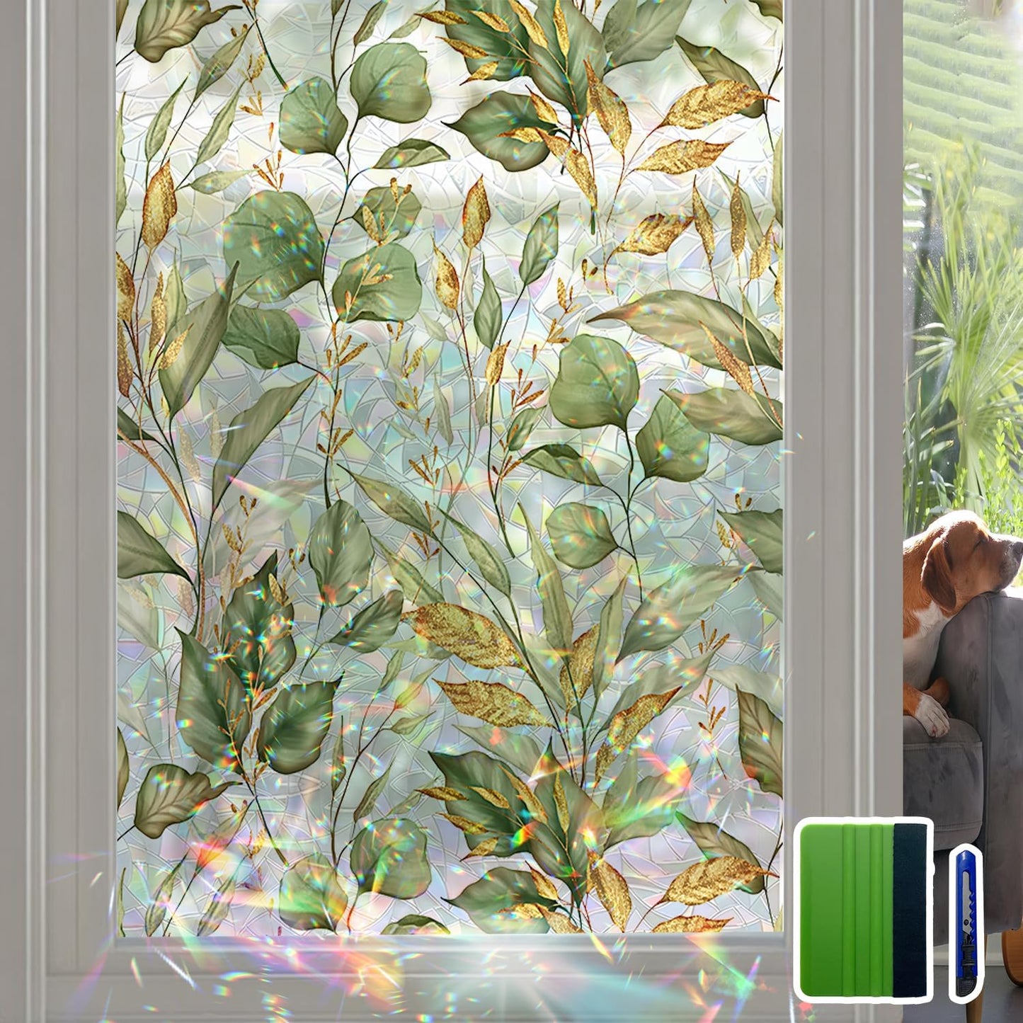 Rainbow Window Privacy Film with Tools, 3D Stained Glass Window Film, Spring & Autumn Leaves, 16.93" x 157.48"(43X400CM)