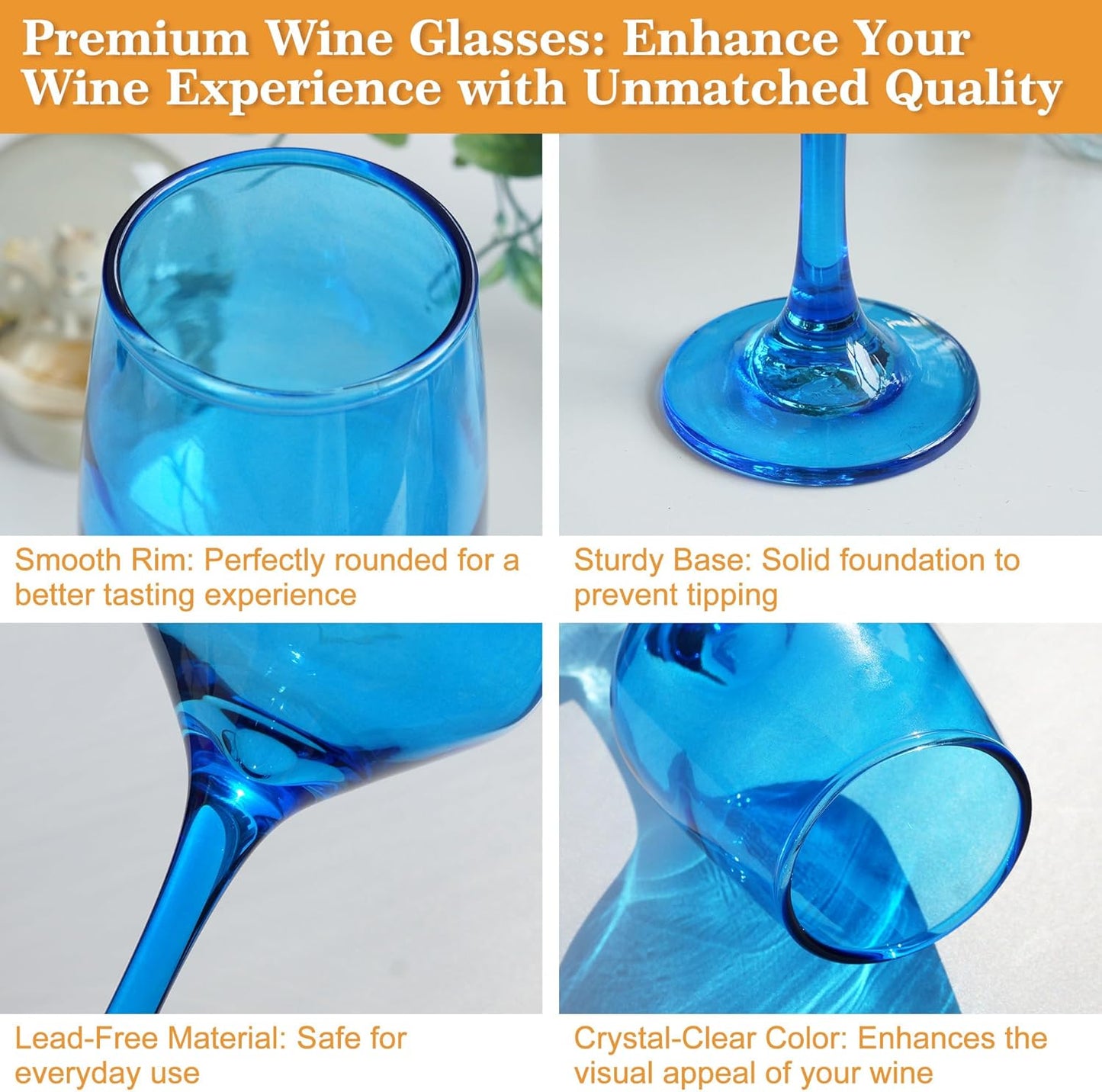 Blue Wine Glasses Set of 6-14oz Blue Long Stem Wine Glass, Pretty Crystal Glassware, Hand Blown Goblets Drinkware, Unique Stemware Wine Glass Holiday Gift Set