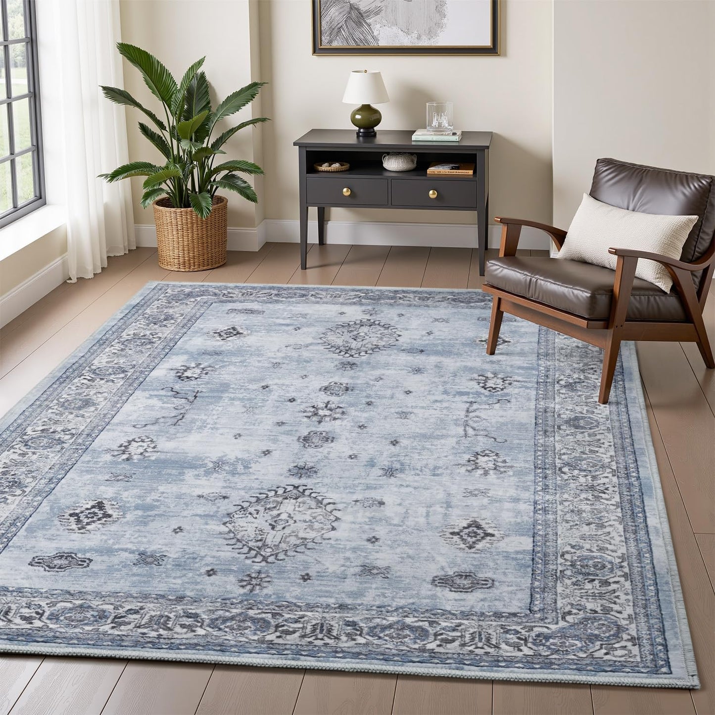 AMOAMI-Vintage Area Rug 4x6 Blue Rugs for Living Room-Soft Living Room Rug Non Slip Rugs for Bedroom Carpet Machine Washable Rug for Dining Room Bedside Office Room Decor