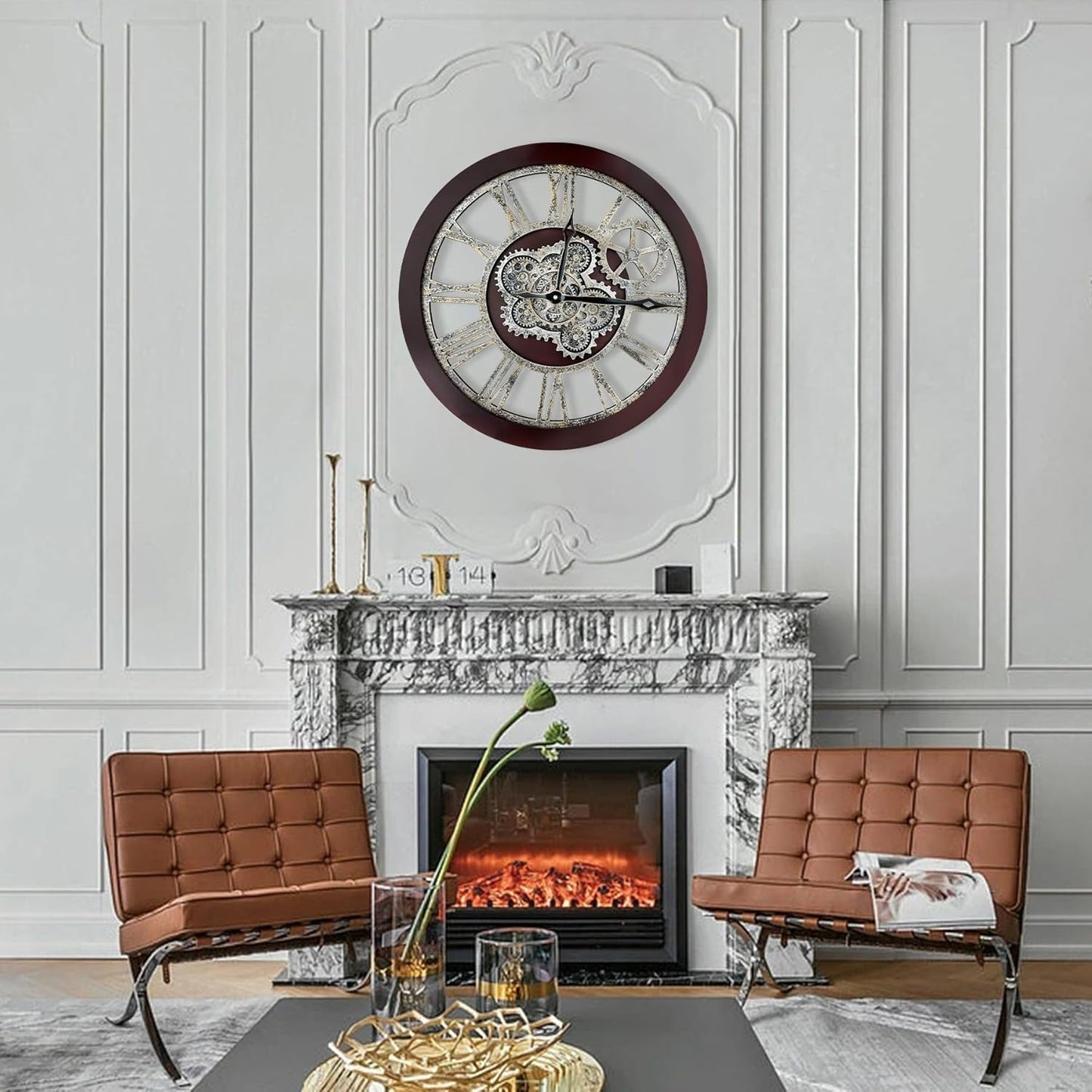 HOIBAI Large Wall Clock, Wall Clocks for Living Room Decor 30 Inch Farmhouse Vintage Rustic Kitchen Wall Decor Vintage Roman Oversized Wall Clock for Home Bedroom House, Moving Gears Clock