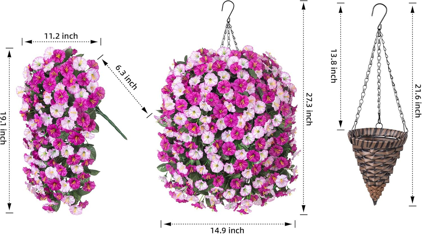 Artificial Fake Hanging Flowers Basket for Outdoor Indoor Decoration,UV Resistant Faux Silk Light Fuchsia and Fuchsia Morning Glory Flowers Plants Realistic Hanging Planter for Outside Home Porch Yard