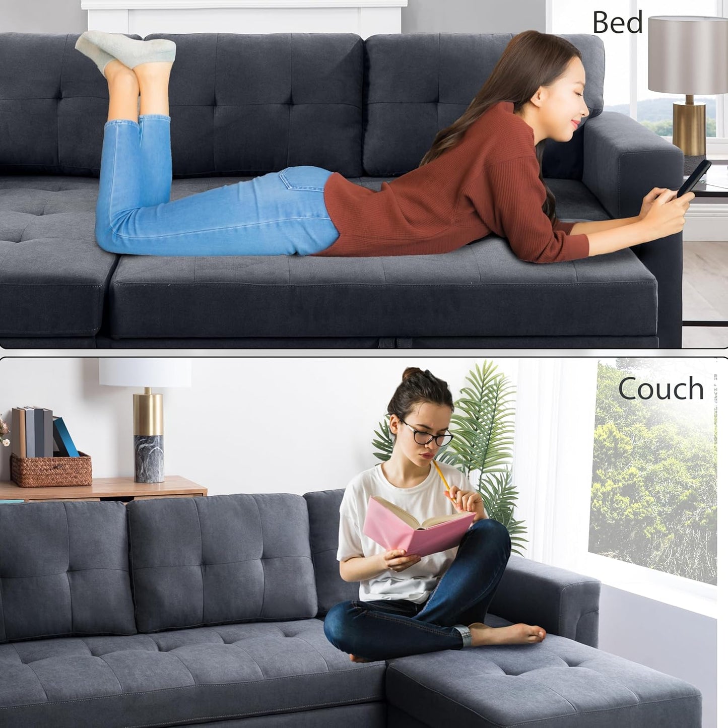 Naomi Home Transform Any Space: Sleeper Sectional Sofa with Convertible Sofa Bed & Inviting Chaise. Find Tranquil Comfort with Stress-Relieving Design & Durable Cushions - Dark Gray/Velvet