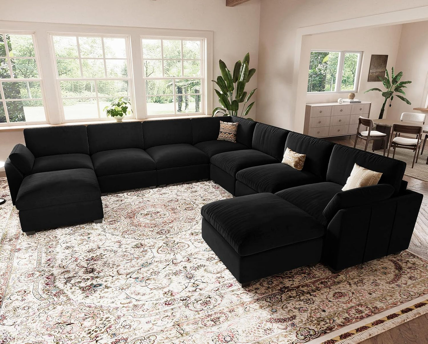 Belffin Oversized Sectional Couch with Movable Ottoman,Modern 137.8" 9-Seater Modular Sectional Sofa,Convertible Velvet U Shaped Sectional Couches for Living Room,Black