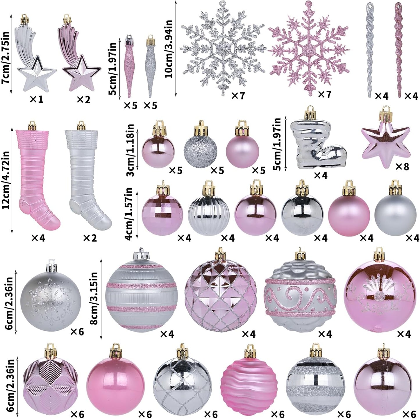 150PCS Pink and Silver Christmas Ornaments, Shatterproof Christmas Ball Ornaments Set, Assorted Christmas Baubles Hanging Decorations for Xmas Tree Home Festival Party Wedding (Pink & Silver)