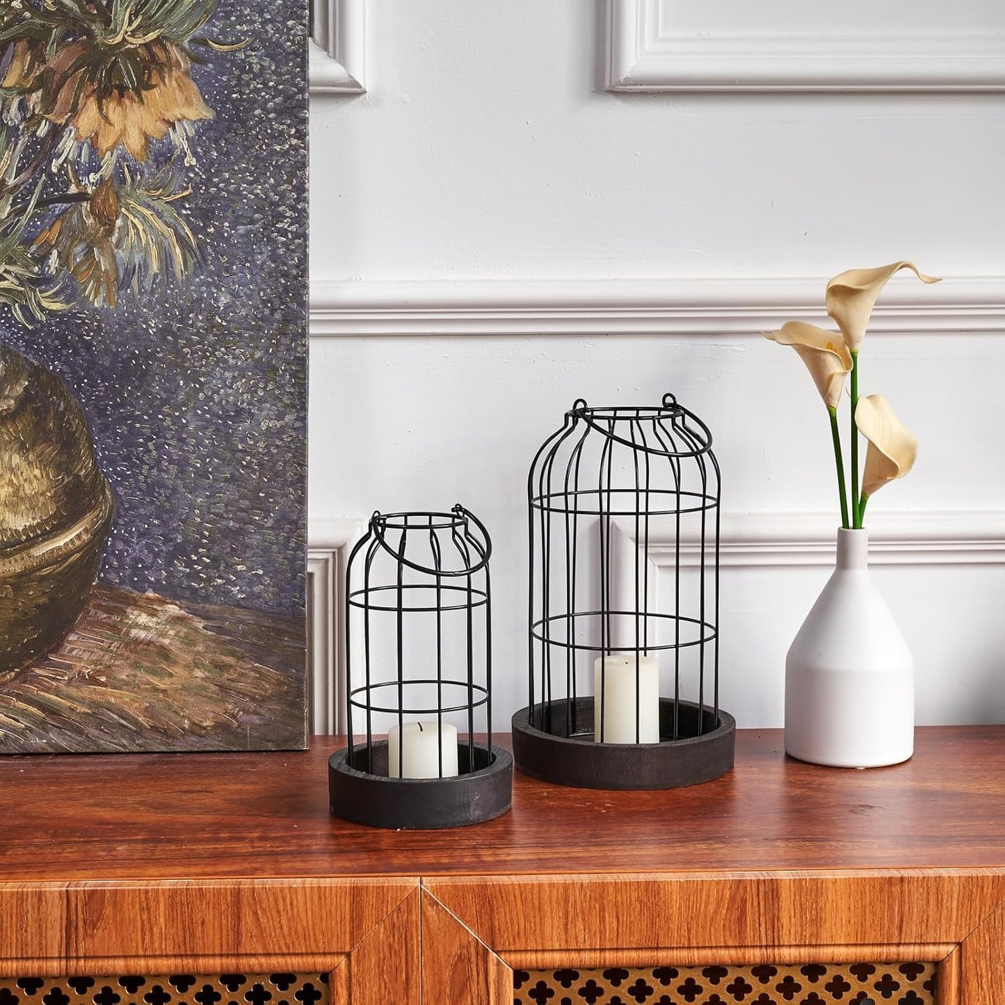 PHOSPHOR Rustic Farmhouse Decor Lantern Set of 2 Modern Farmhouse Decorative Indoor for Kitchen Fireplace Centerpiece Table Dinning Living Room