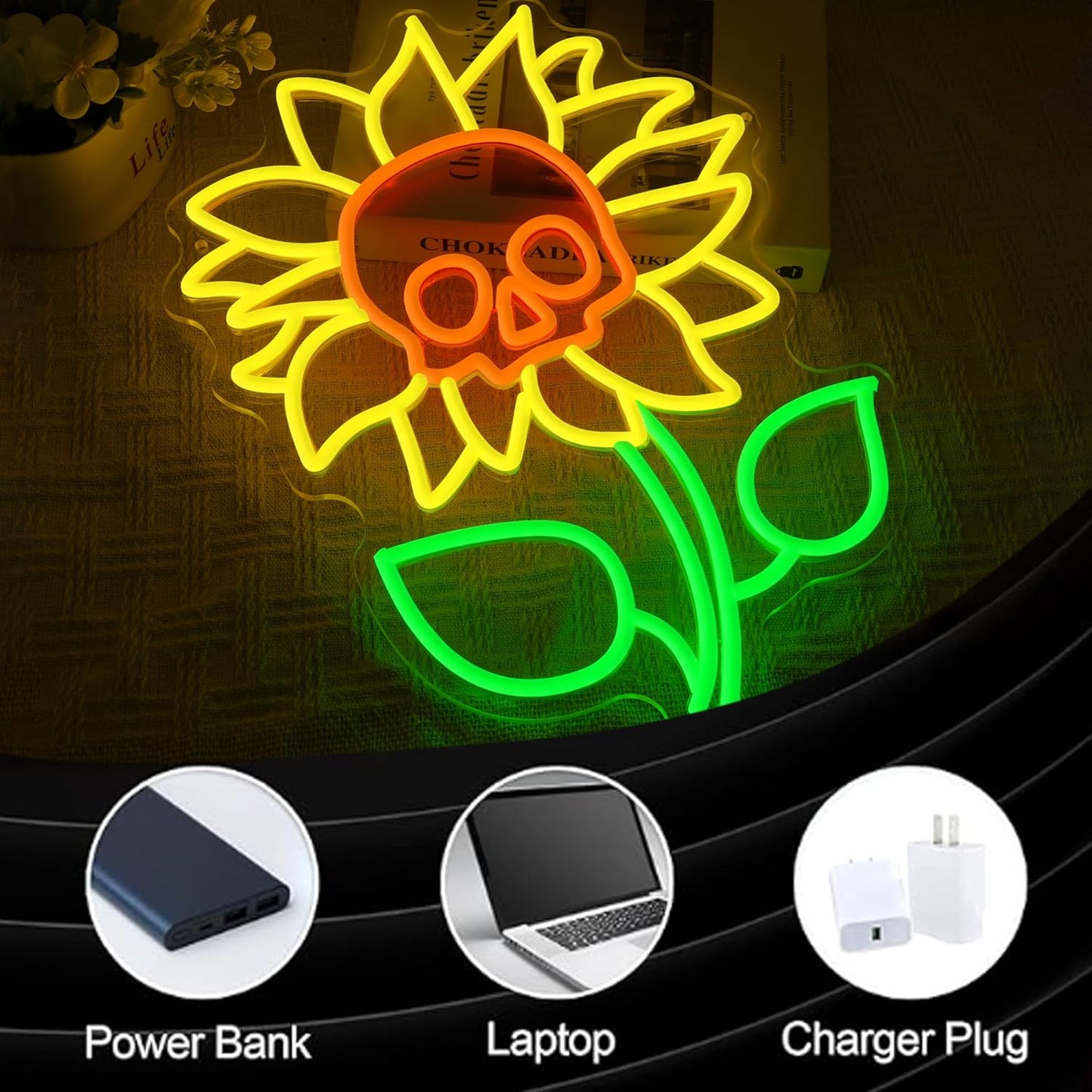 Sunflower Skull Neon Sign Wall Decor USB Powered Skeleton Head Halloween Neon Light Sign Dimmable Funny Halloween Day LED Sign for Trick or Treat Party Backdrop Bedroom Bar Man Cave