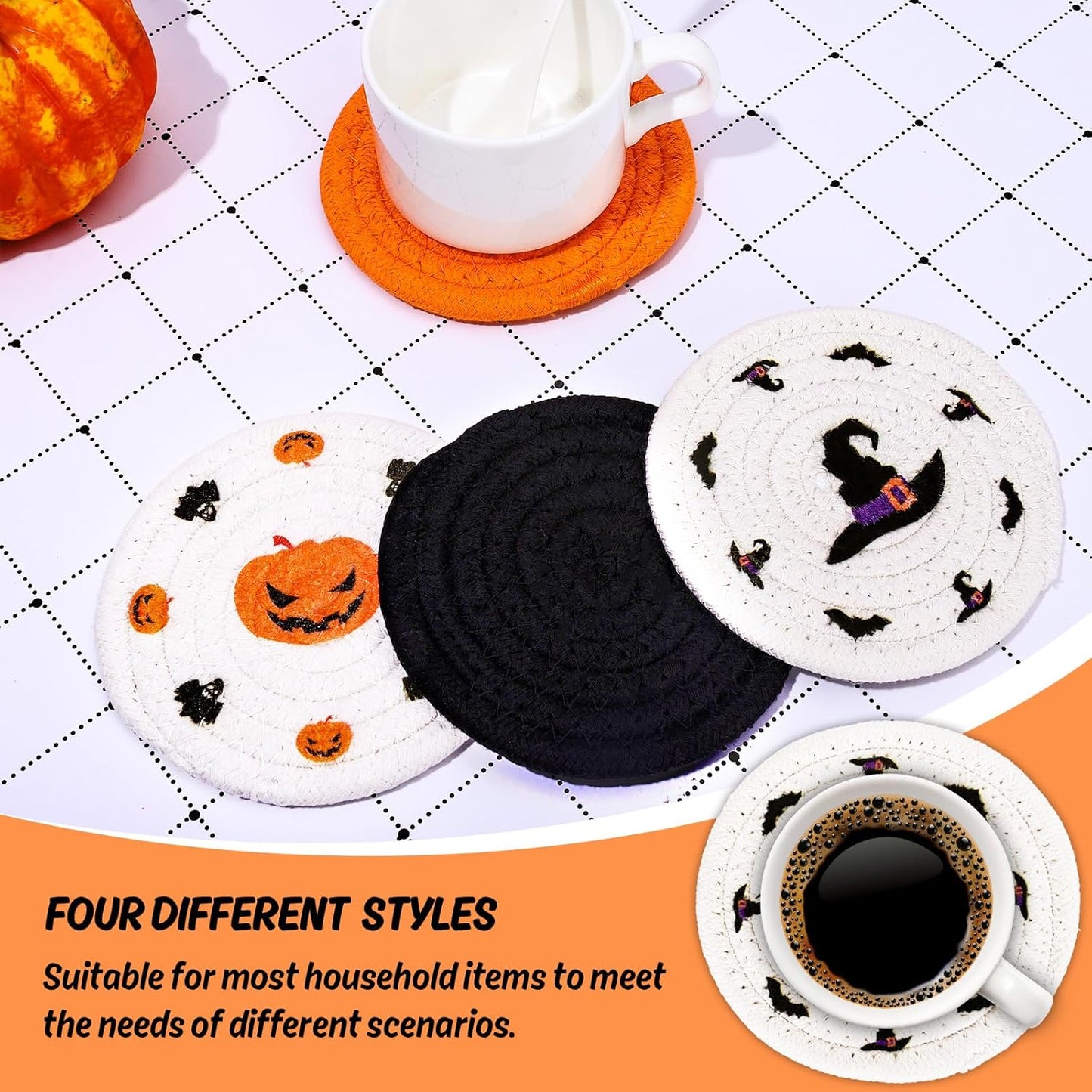 Whaline 4 Pack Halloween Handmade Braided Drink Coasters Black Orange Pumpkins Witch Hats Absorbent Cotton Cup Coasters Heat Resistant Cup Mats for Halloween Home Kitchen Office Table Decor, 4.3 Inch