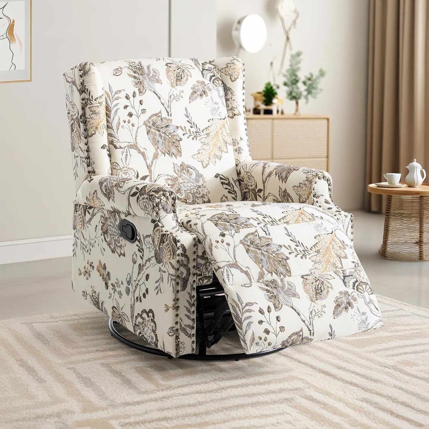 UIXE Swivel Rocker Manual Recliner Chair, Wingback Swivel Glider Fabric Nursery Reclining Sofa Chair, High Back Upholstered Arm Chair for Living Room Bedroom - Beige Plants
