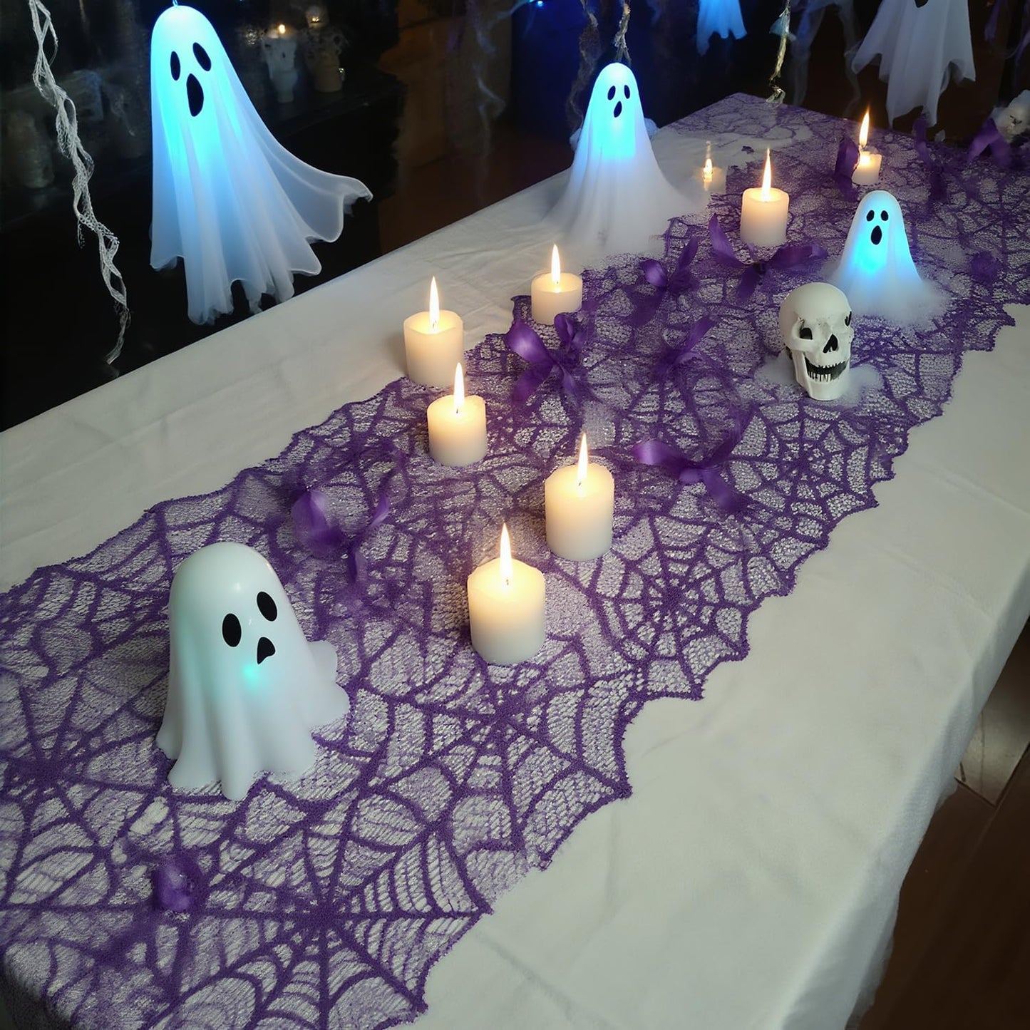 1-Pack Halloween Table Runner, Purple Spider Web Lace Table Runner, Gothic Kitchen Decor, Fall-Themed Party Decorations, Spider Web Reusable Home Accent, 13 x 72 Inches