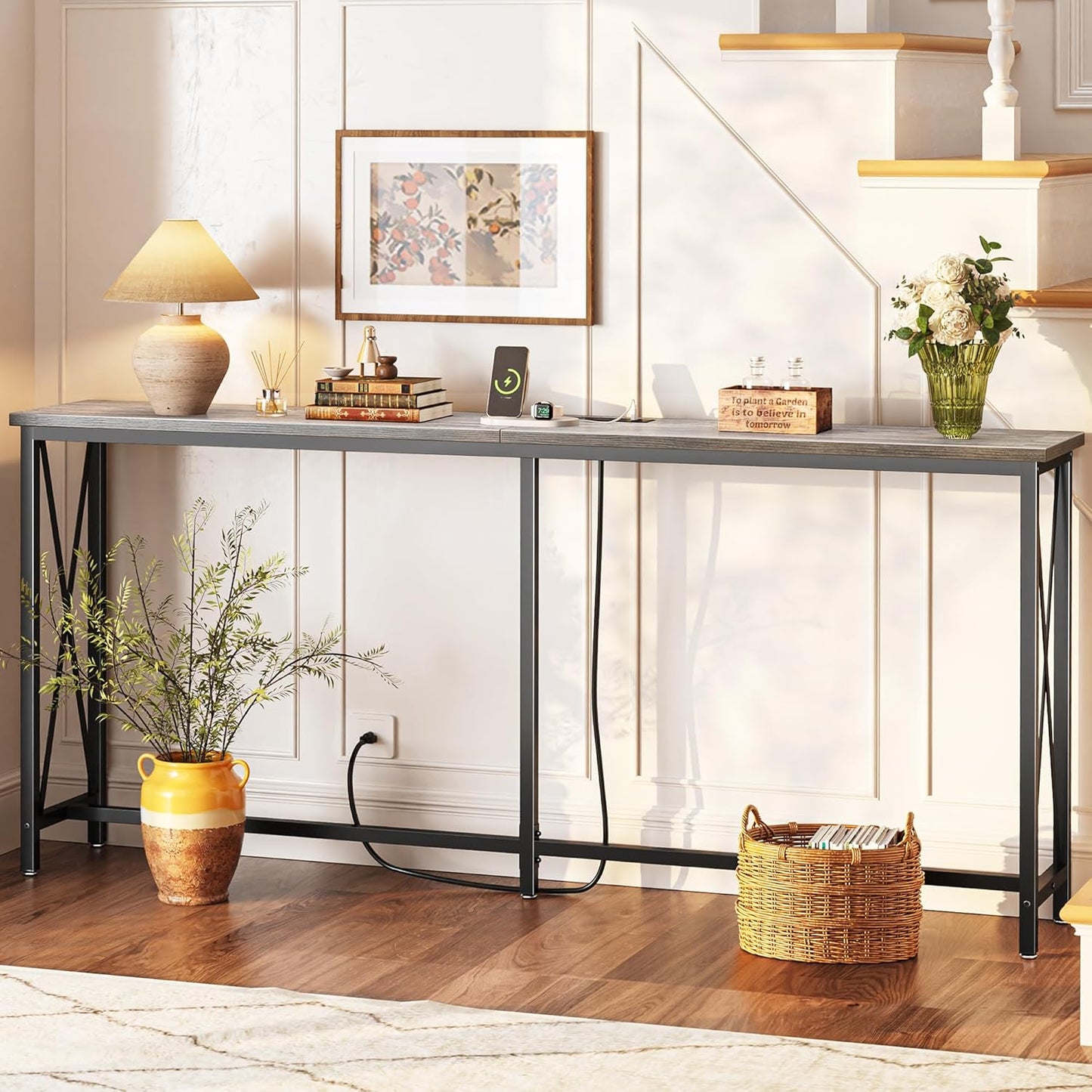 SUPERJARE 70 Inch Console Table with Outlets and USB-C Port, Extra Long Behind Couch Sofa Table with X-Shaped Design, Narrow for Entryway, Living Room, Metal Frame, Wooden Top, Grey